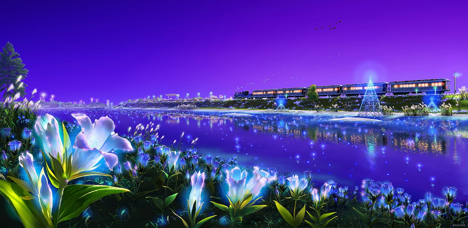 landscape, purple, scenic, train, original, sky, water, 720P, grass, animal, flowers, kagaya, bird, HD Wallpaper