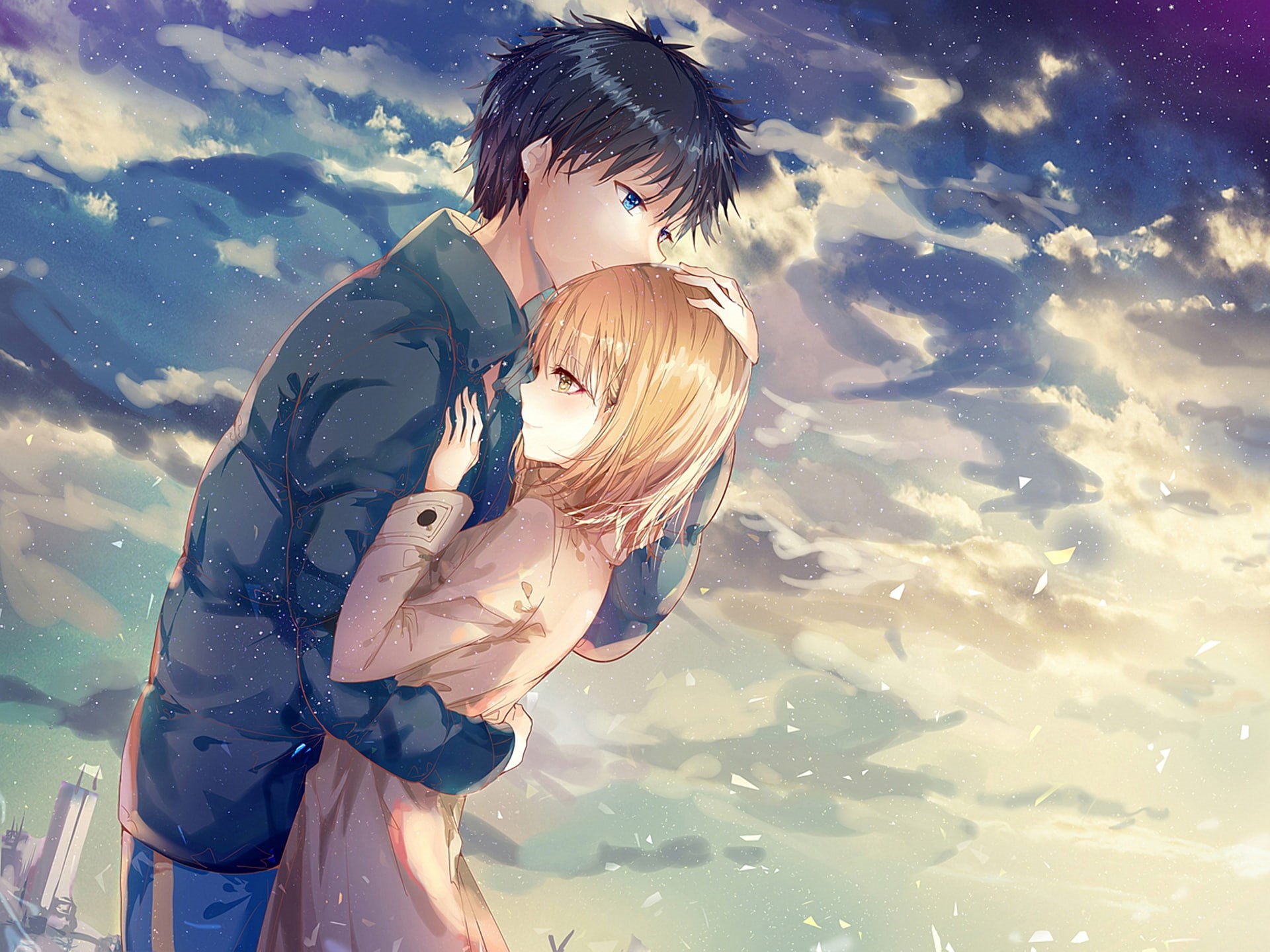 leisure activity, 1080P, bonding, three quarter length, young women, anime couple, scenic, cloud - sky, hug, hairstyle, positive emotion, water, people, HD Wallpaper