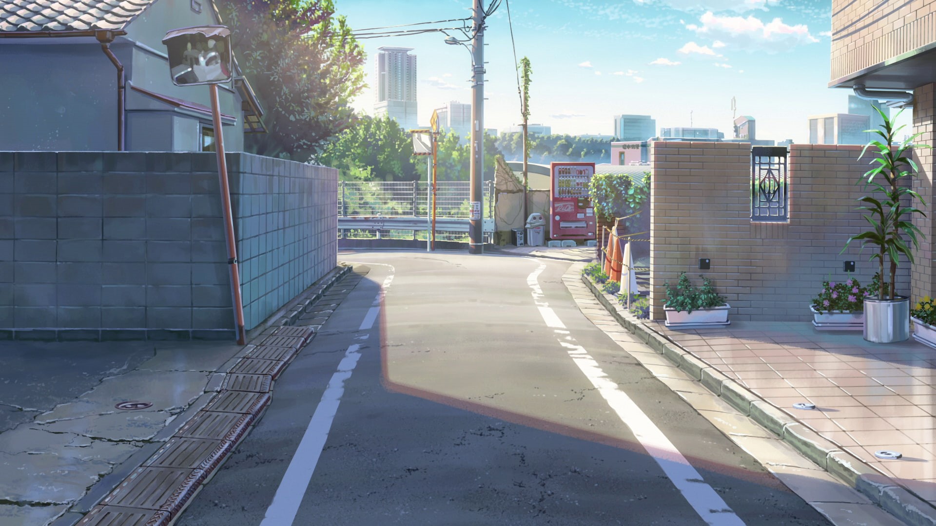 architecture, 1080P, office building exterior, sky, day, building, outdoors, Anime, plant, city, road, anime streets, sunlight, street, nature, scenic, HD Wallpaper