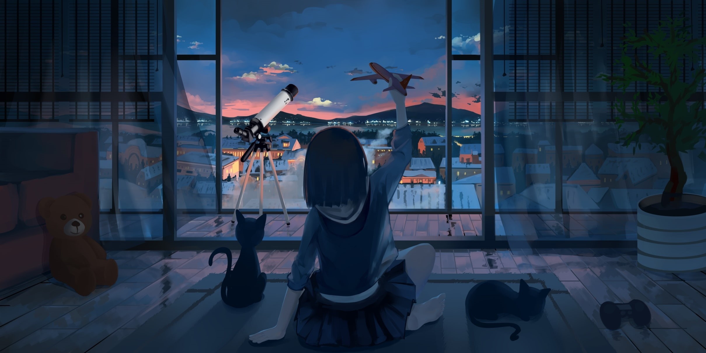 Anime, scenic, back view, anime girl, cats, sky, teddy bear, cityscape, telescope, 1080P, HD Wallpaper