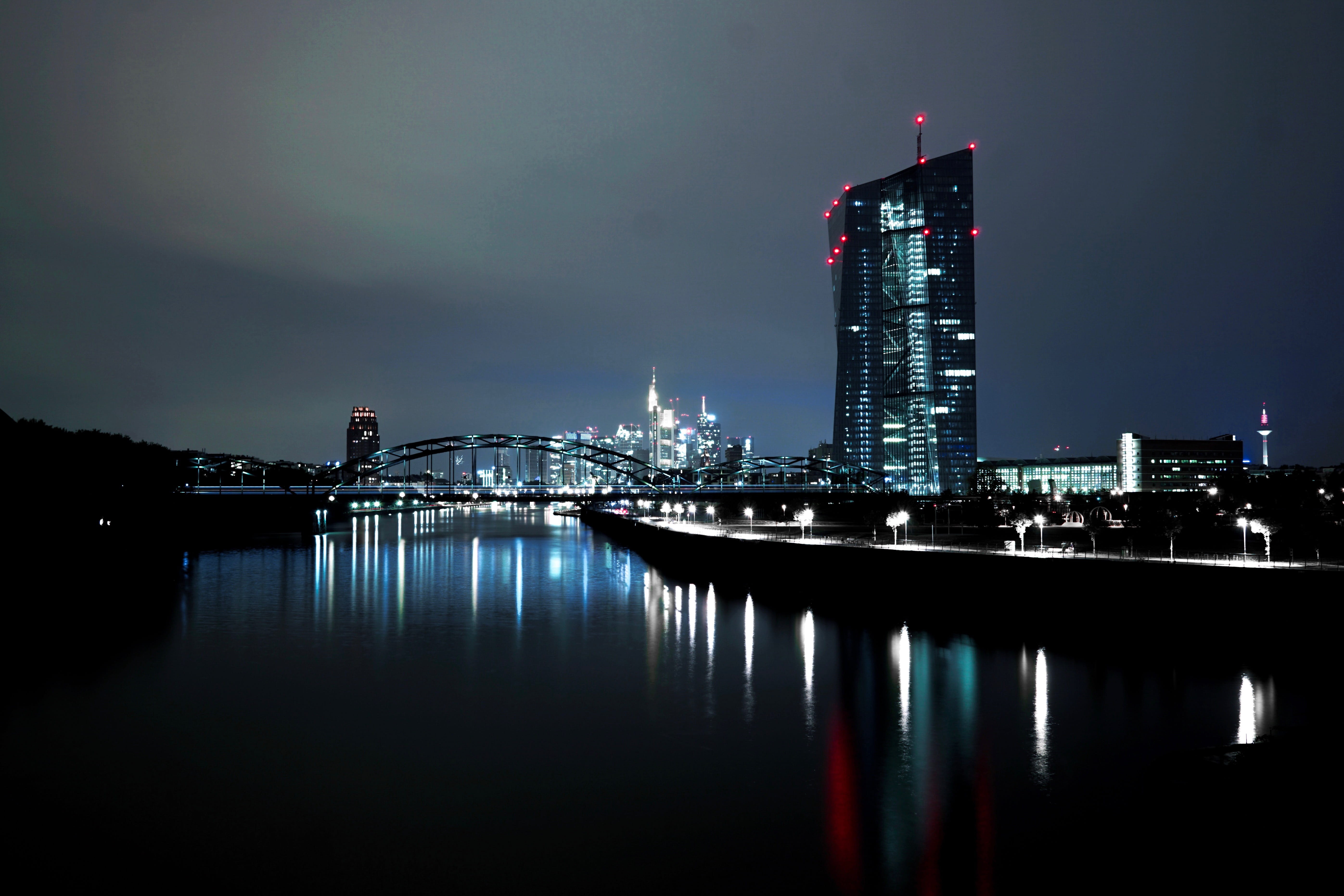 no people, city lights, river, scenery, built structure, scenic, reflection, view, bridge, night, nightlife, lights, building, cityscape, HD Wallpaper