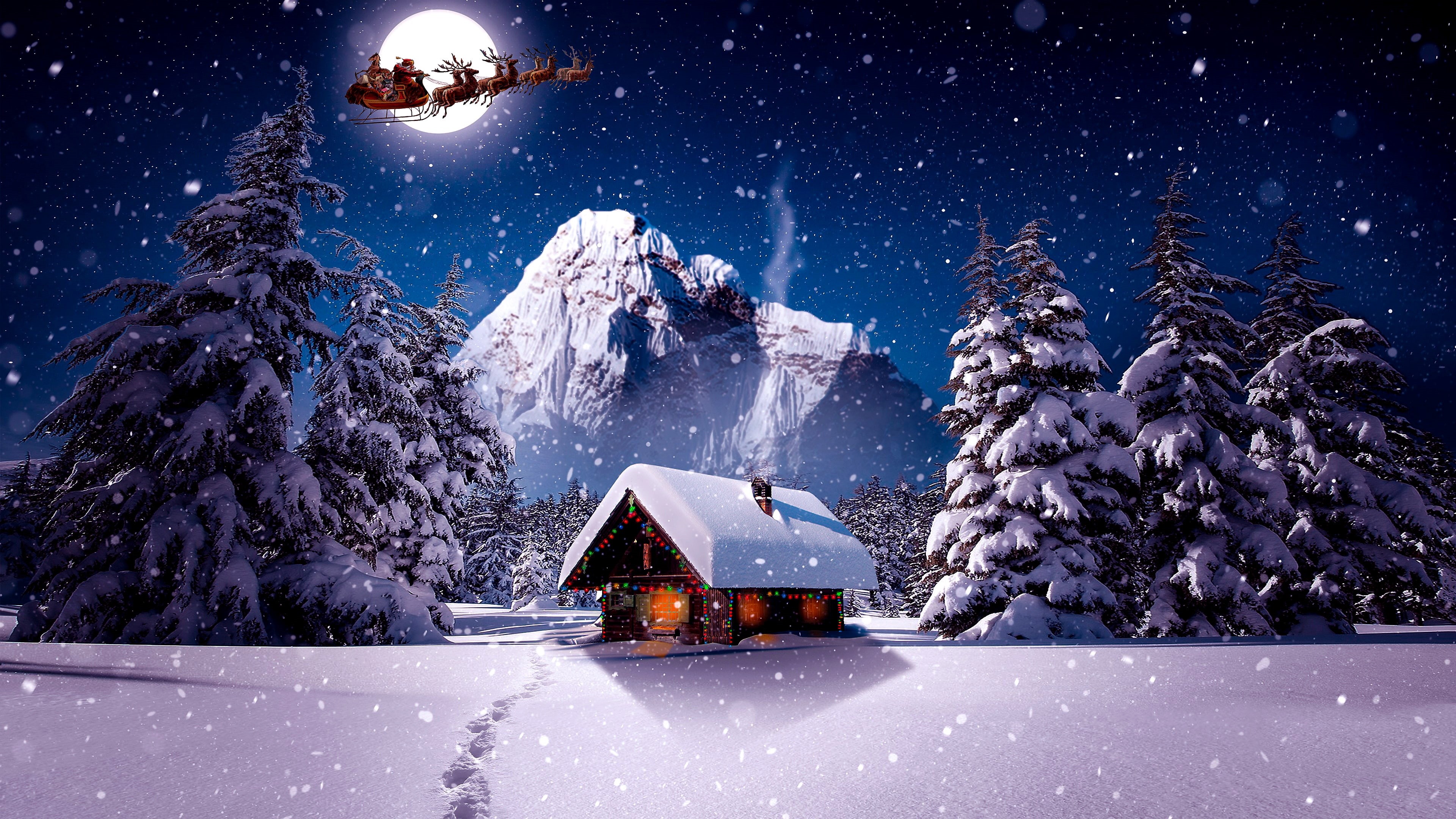 log cabin, snowing, house, winter, sledge, moon, chistmas, christmas night, snow, santa claus, 4K, mountain, sleigh, HD Wallpaper