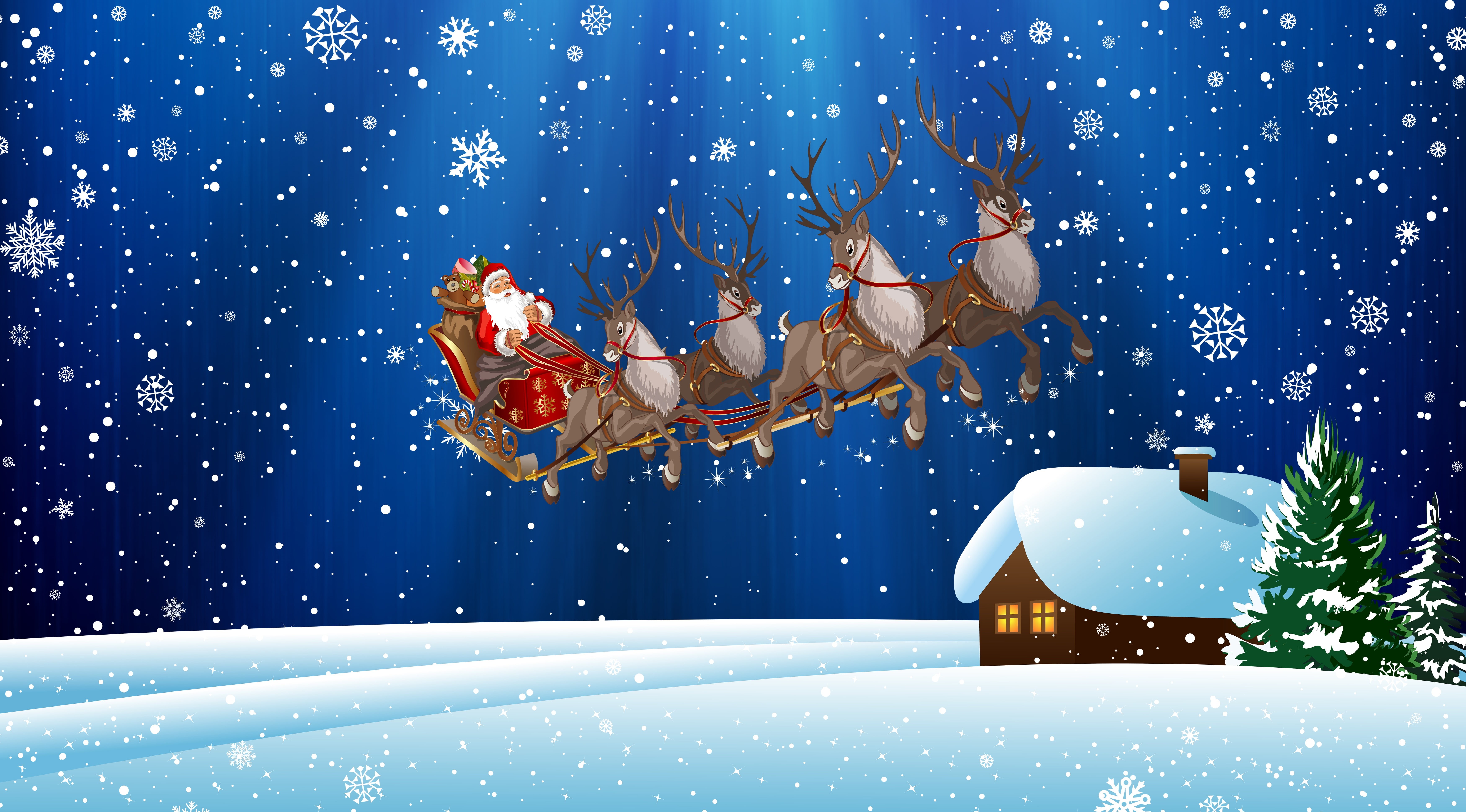 Winter, Deer, Sleigh, Mood, Background, Snowflakes, 5K, Gifts, Christmas, Tree, Snow, Santa Claus, House, Art, New Year, Holiday, HD Wallpaper
