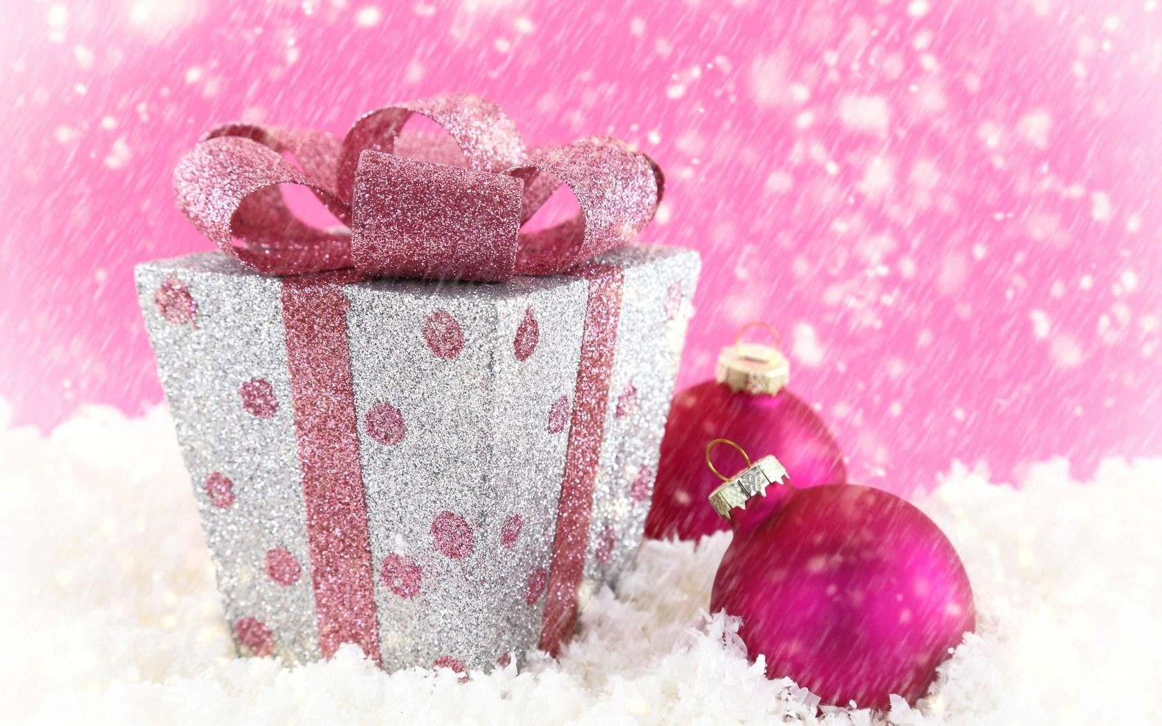 box, snow, 720P, christmas, winter, gift, ornament, white, holiday, pink, HD Wallpaper