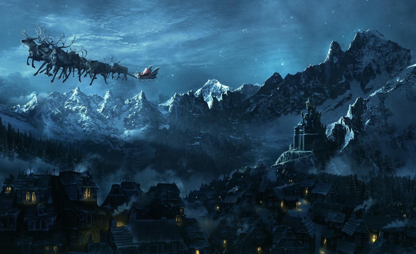 christmas, santa, claus, 720P, mountain, city, sleigh, flying, santa claus, holiday, HD Wallpaper