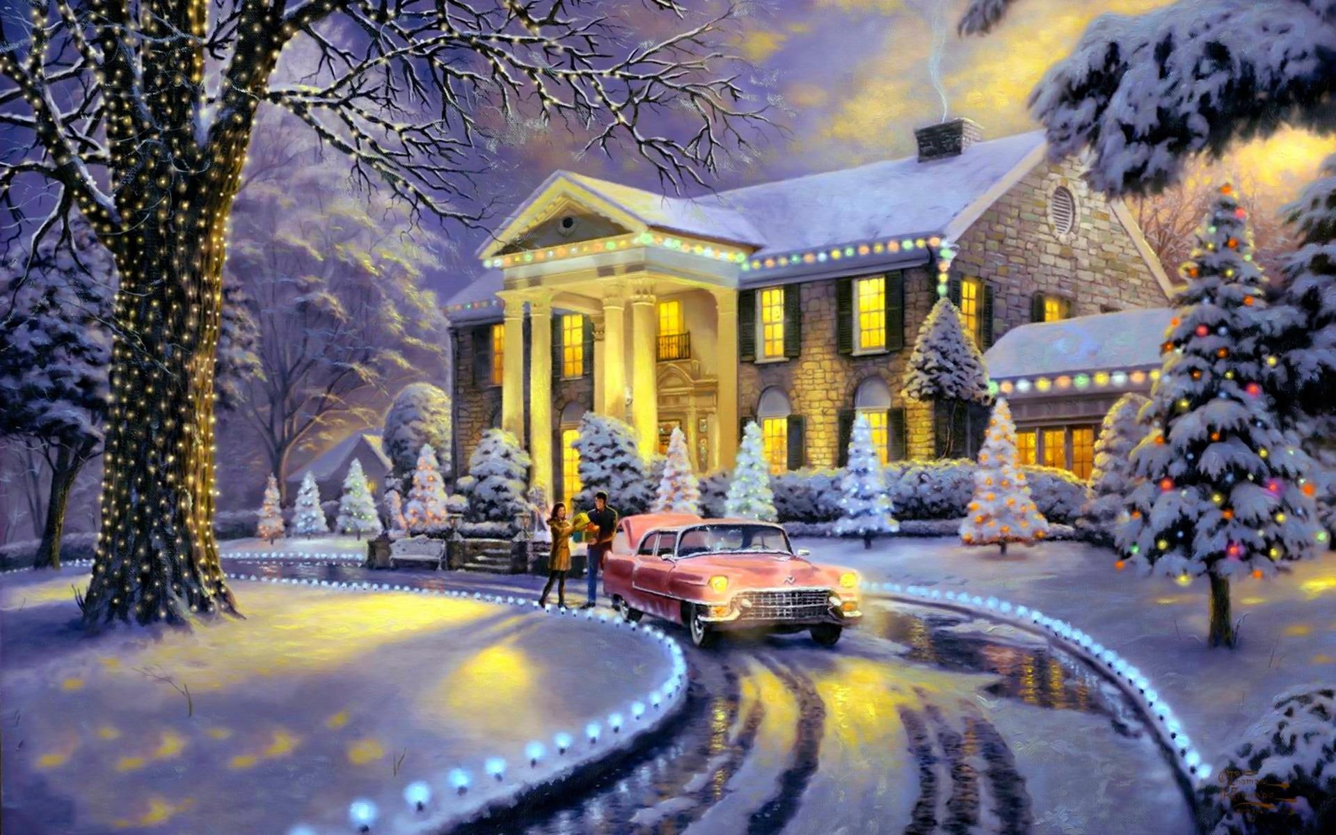 snow, 1080P, vintage, couple, house, present, lights, lovely, light, painting, home, winter, christmas, HD Wallpaper