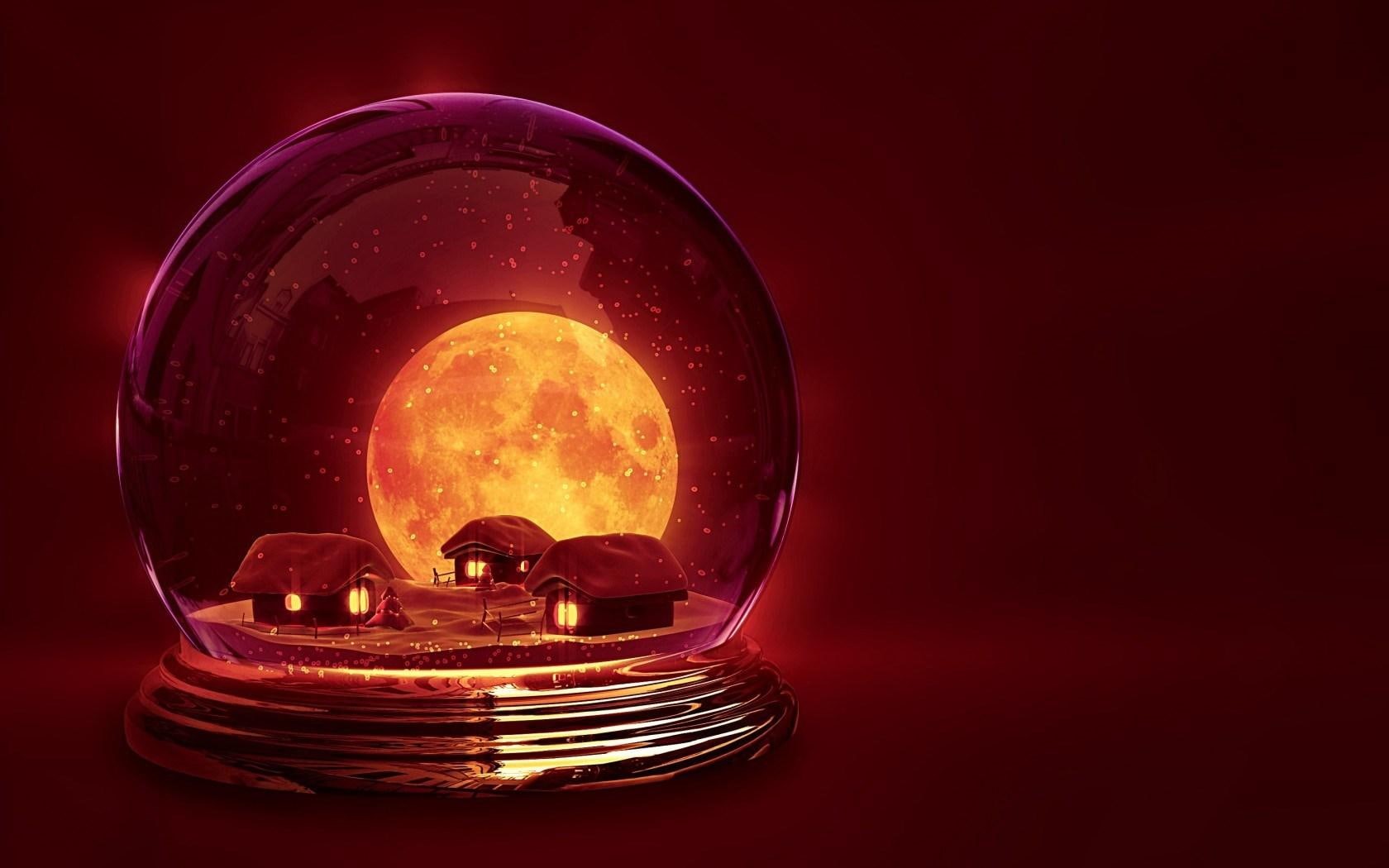720P, winter, holiday, moon, houses, snow, ball, new, year, christmas, HD Wallpaper