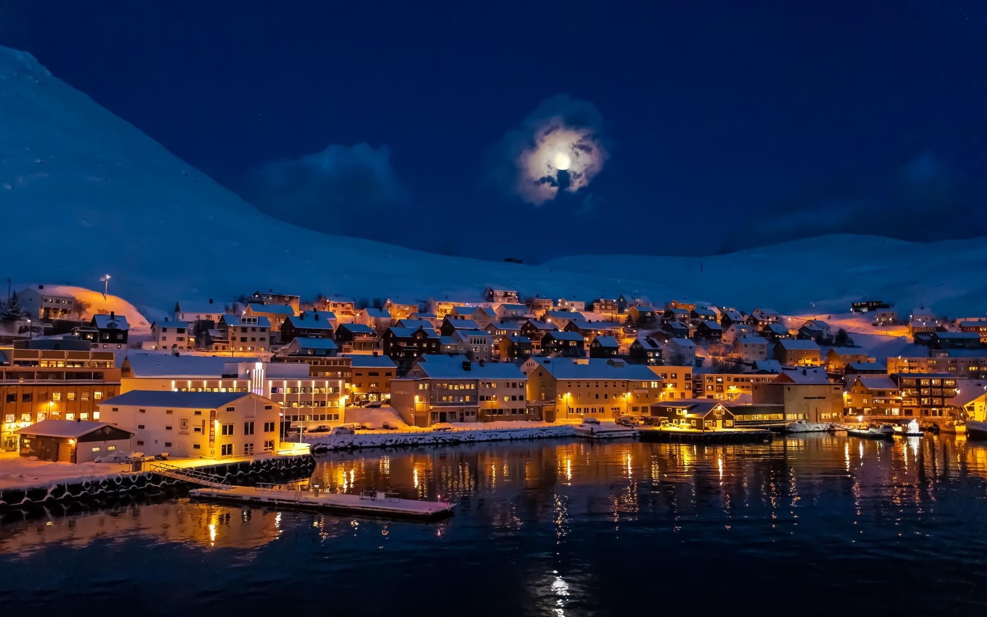 House, 1080P, Winter, Moon, Lake, Town, Lights, Night, Mountains, Snow, City, HD Wallpaper