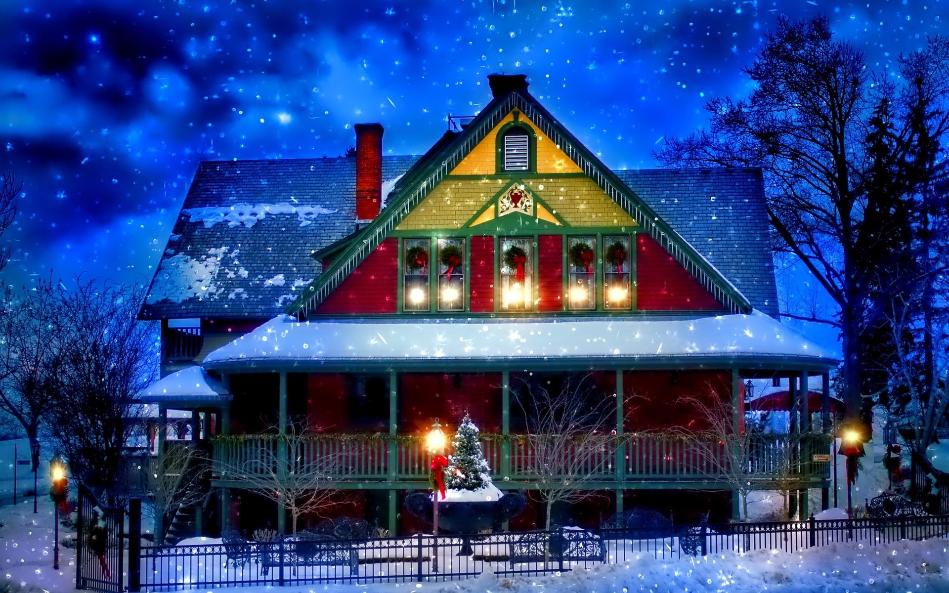 New, Evening, yellow, Year, red, Snow, Lights, Trees, blue, Winter, House, 1080P, Christmas, HD Wallpaper