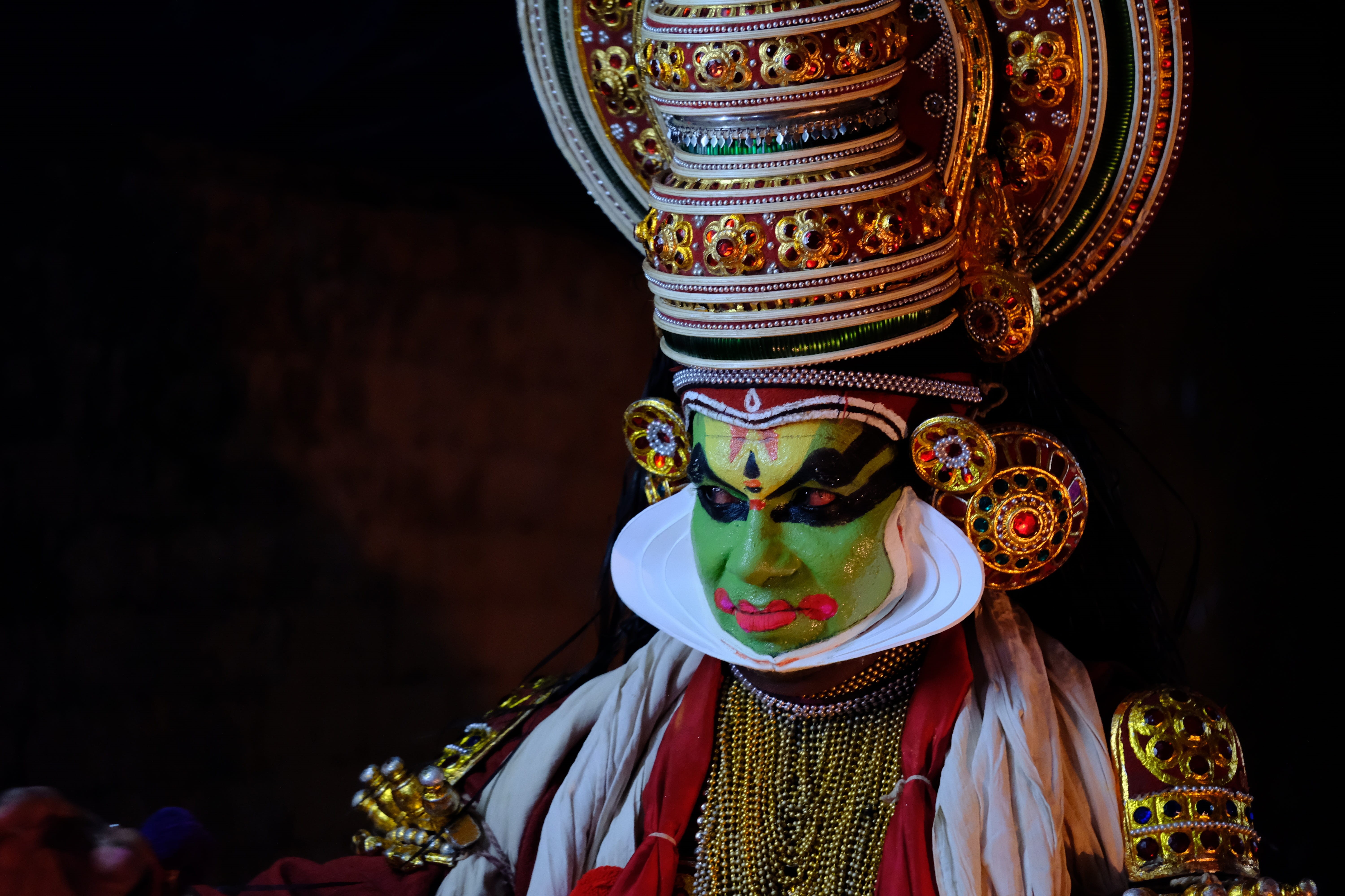 peopleandculture, kerala, painting, indoors, statue, no people, dance, ornaments, multi colored, face, black background, representation, male likeness, HD Wallpaper