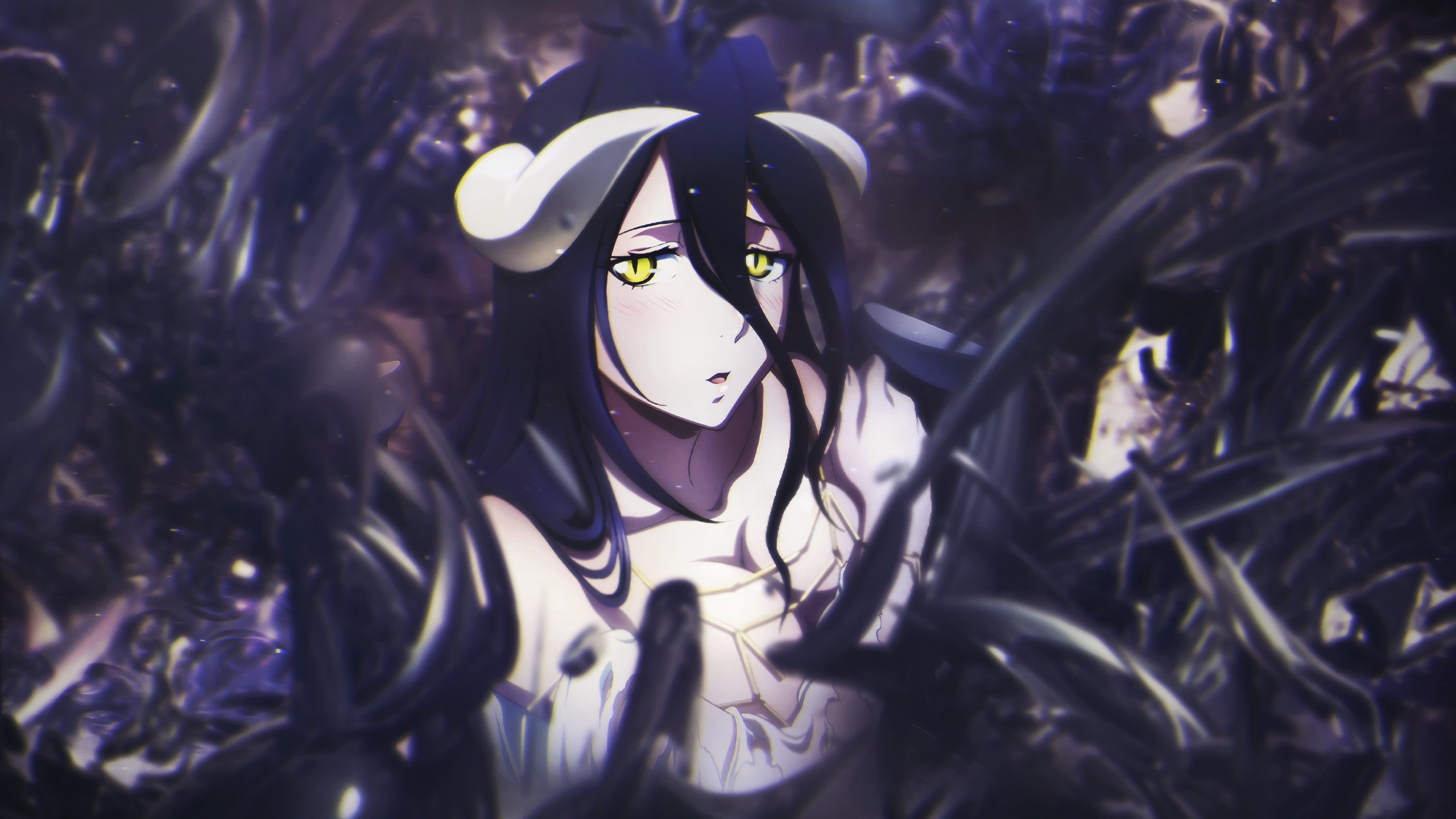 Overlord (anime), still life, horns, craft, Albedo (OverLord), carnival - celebration event, holiday, venetian mask, anime, purple, no people, indoors, HD Wallpaper