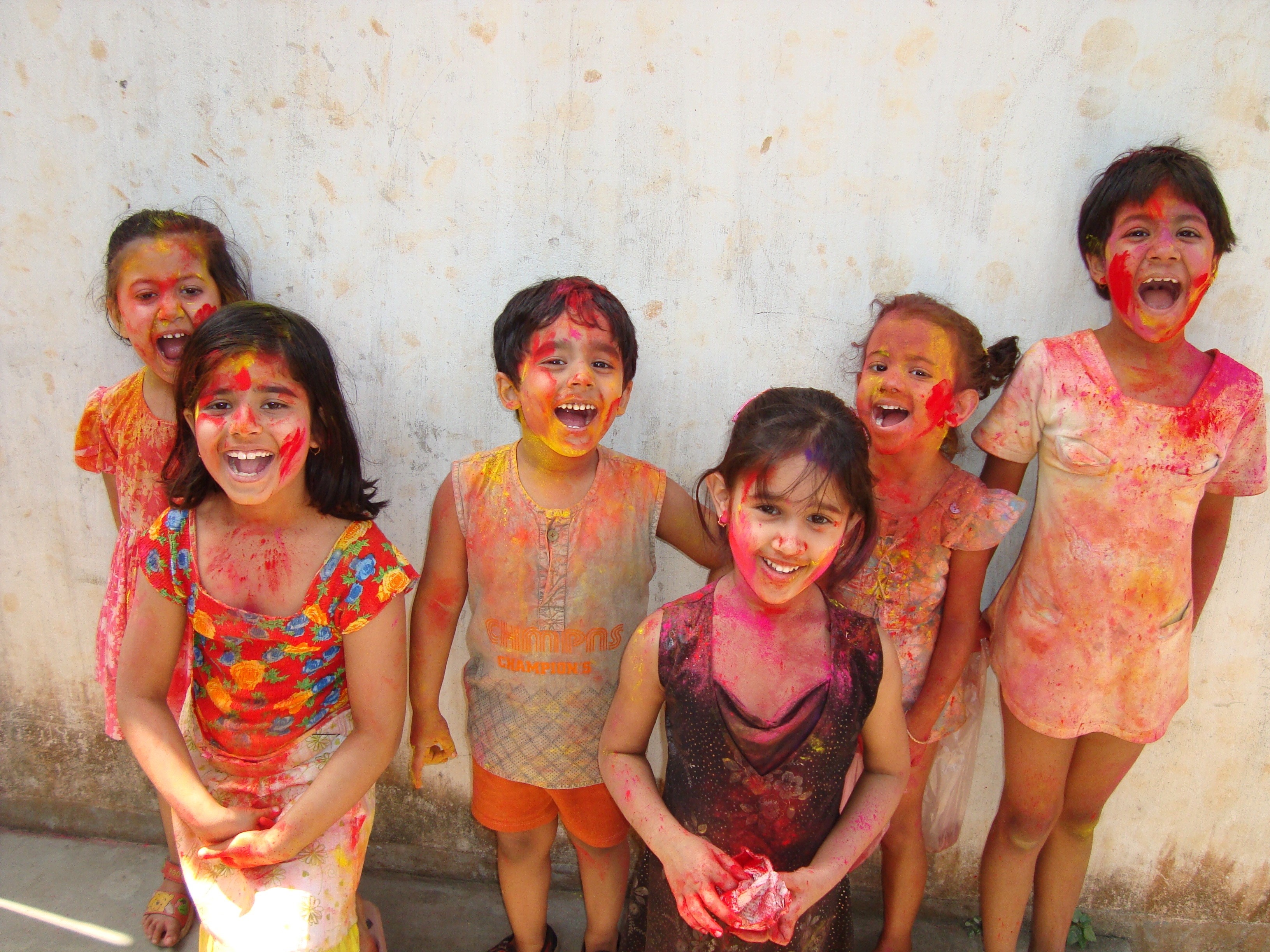 festival, celebration, front view, togetherness, paint, children, worship, 2K, females, spring, group of people, colorful, happy, girls, positive emotion, HD Wallpaper
