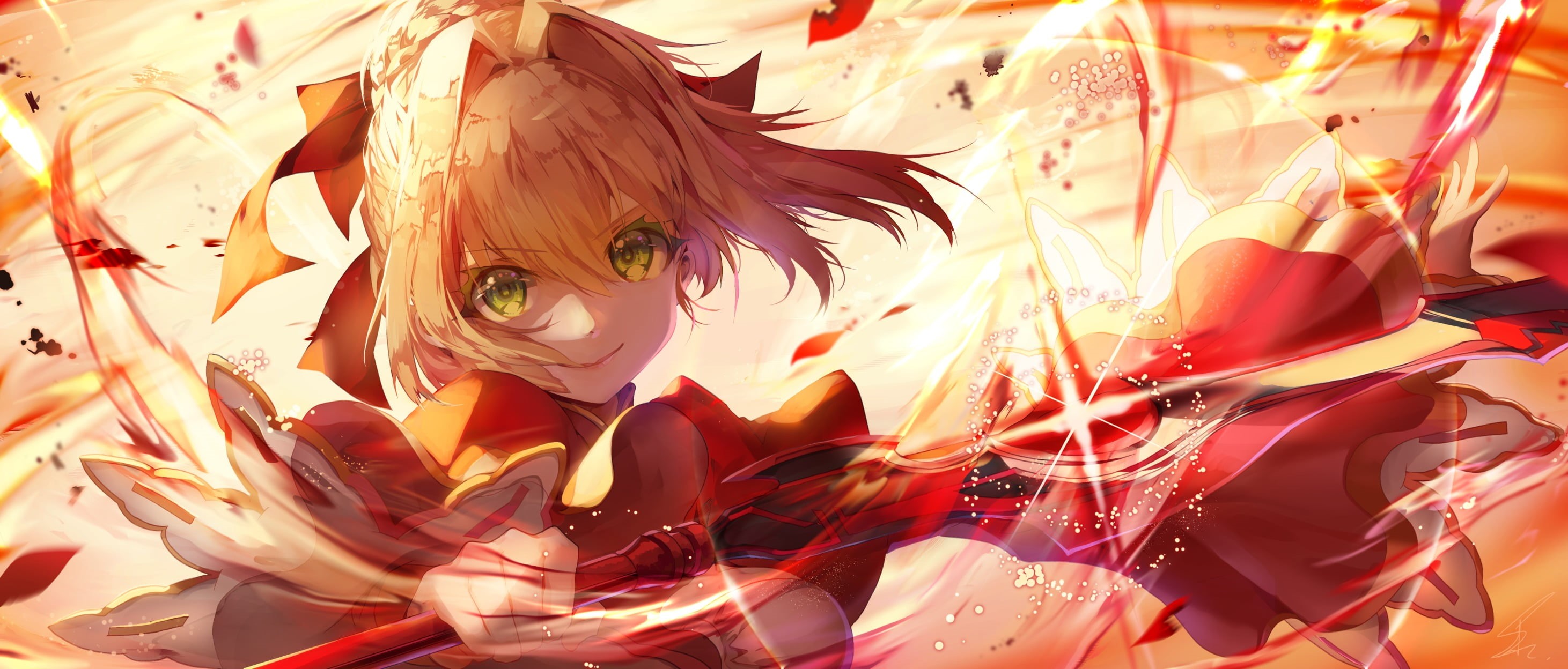 green eyes, nature, anime girls, representation, costume, event, smiling, decoration, lifestyles, close-up, people, anime, child, portrait, fantasy weapon, HD Wallpaper