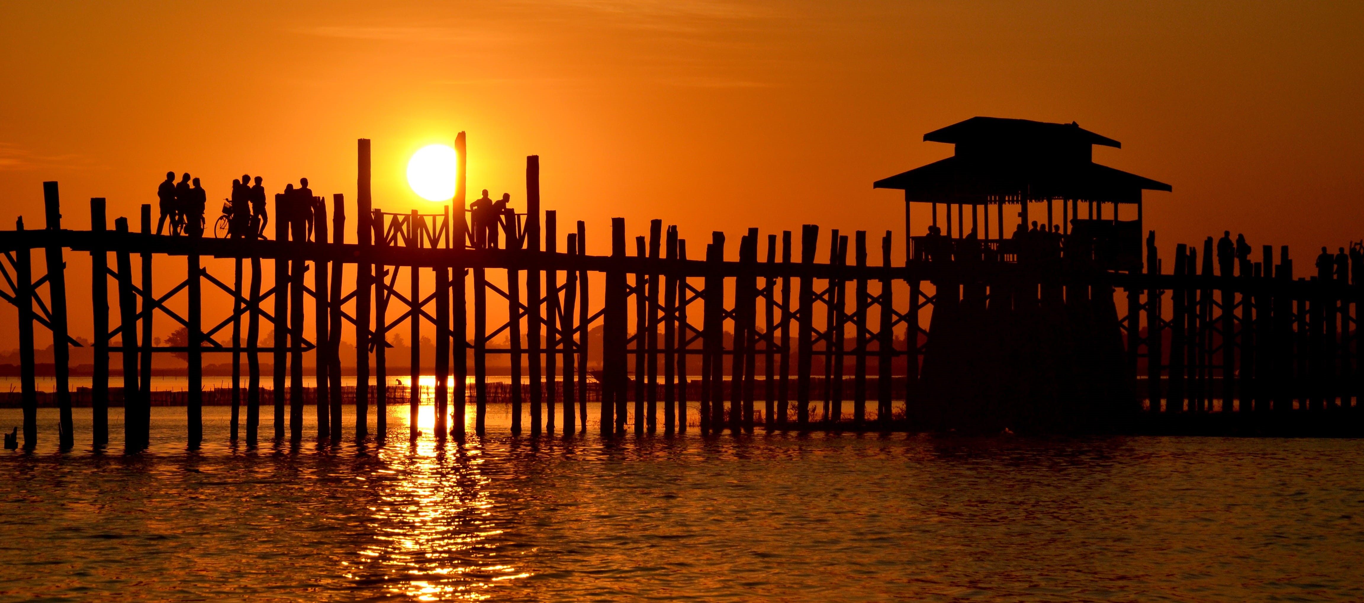 vertebrate, sky, sun, tranquility, silhouette, Myanmar, beauty in nature, nature, U-Bein Bridge, photo, wooden, travel destinations, animal themes, 4K, HD Wallpaper