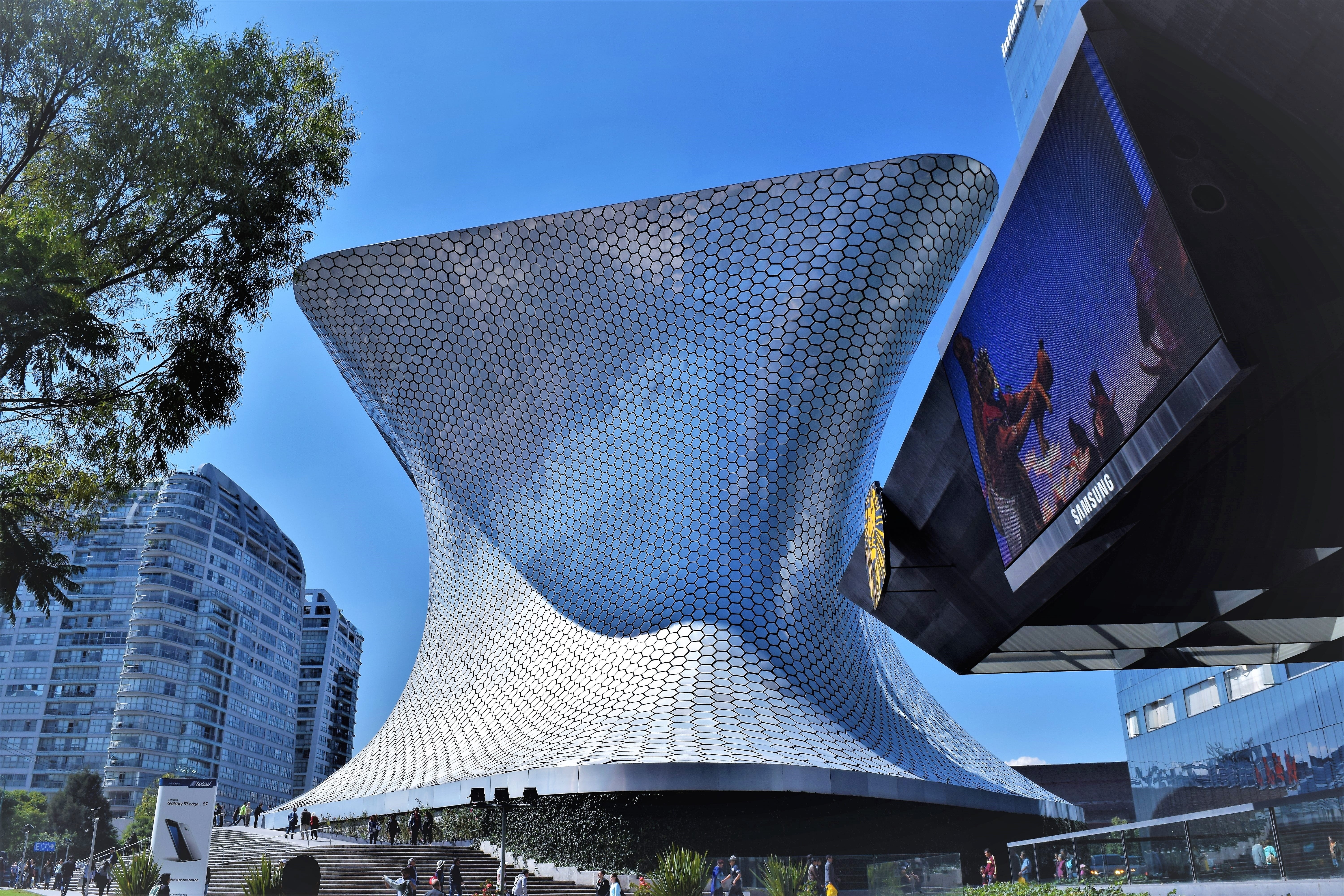 no people, City, plant, outdoors, mexico, architecture, Museum, cdmx, sunlight, tree, museo, design, sky, blue, built structure, high tech, forms, glass - material, HD Wallpaper