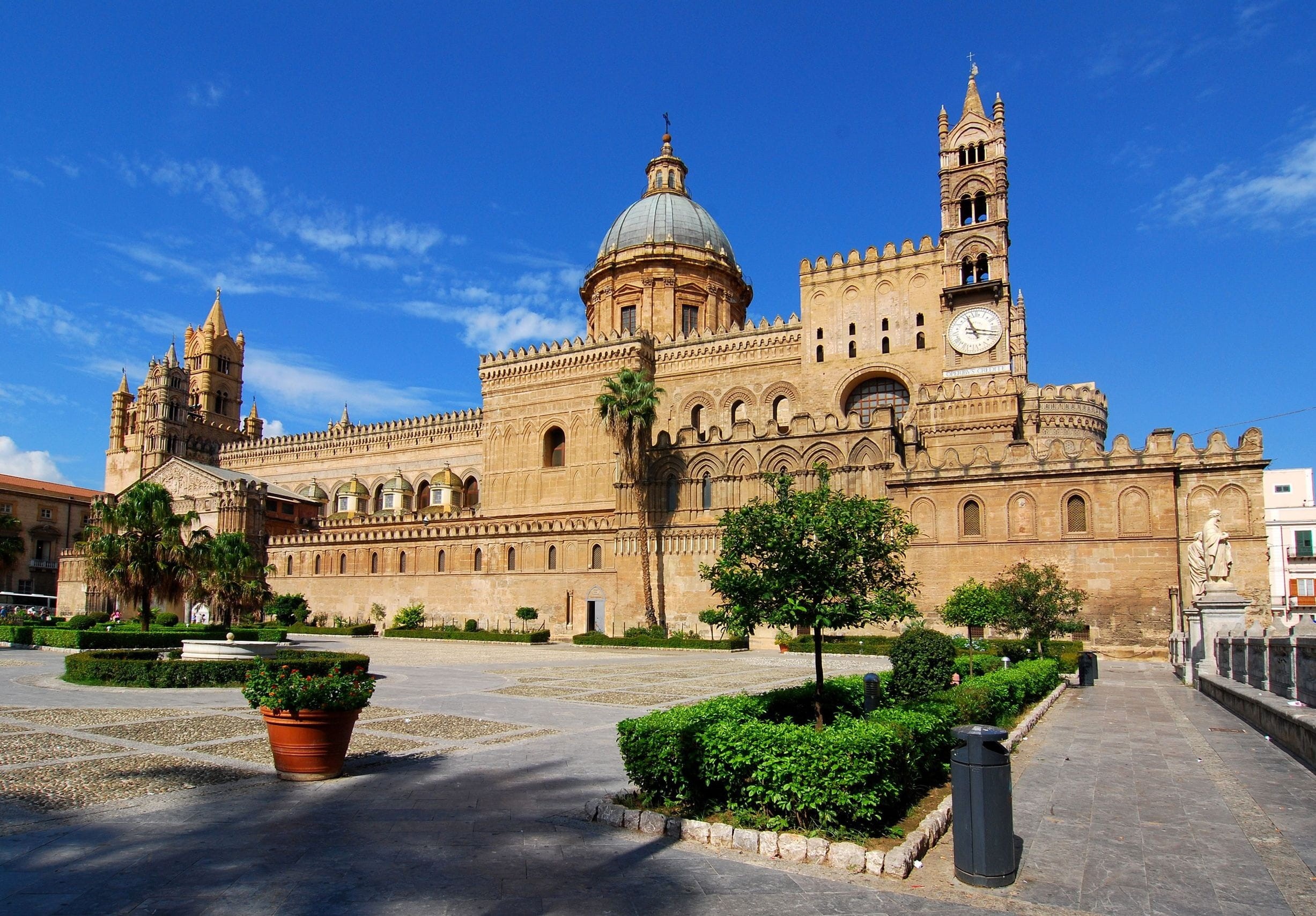 1080P, blue, plant, sky, tower, europe, cloud - sky, nature, Sicily, cathedral, concrete, tree, day, architecture And Buildings, brown, Palermo, city, HD Wallpaper