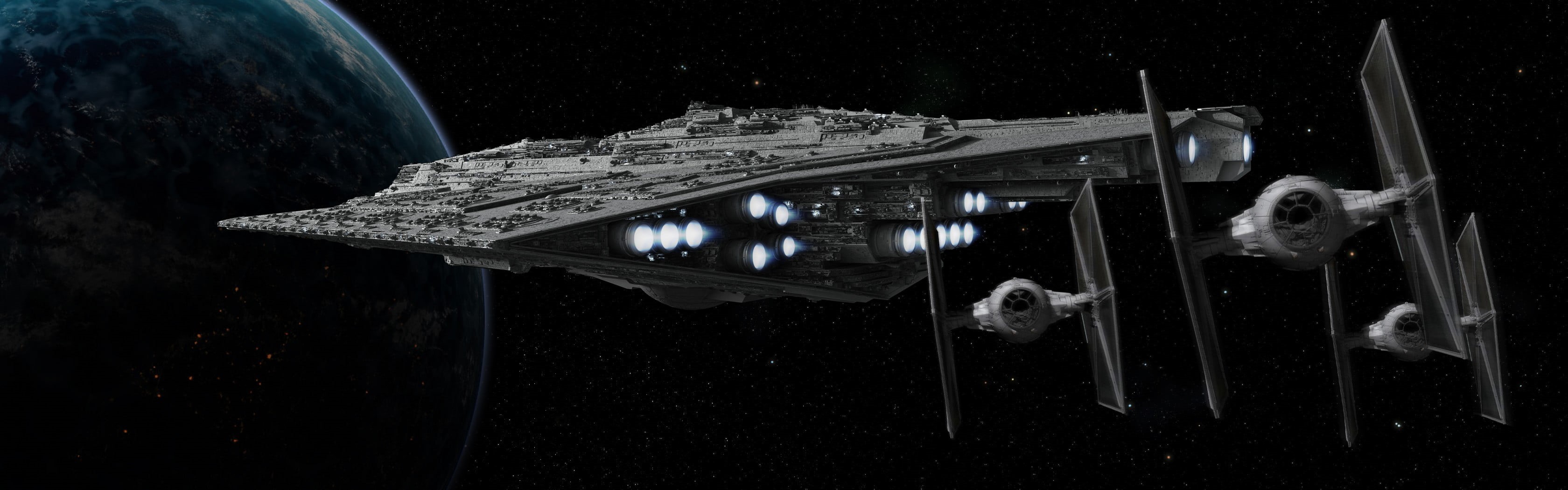 nature, multiple display, illustration, gray, animal wildlife, ship, planet - space, group of animals, sea, technology, architecture, TIE Fighter, night, HD Wallpaper