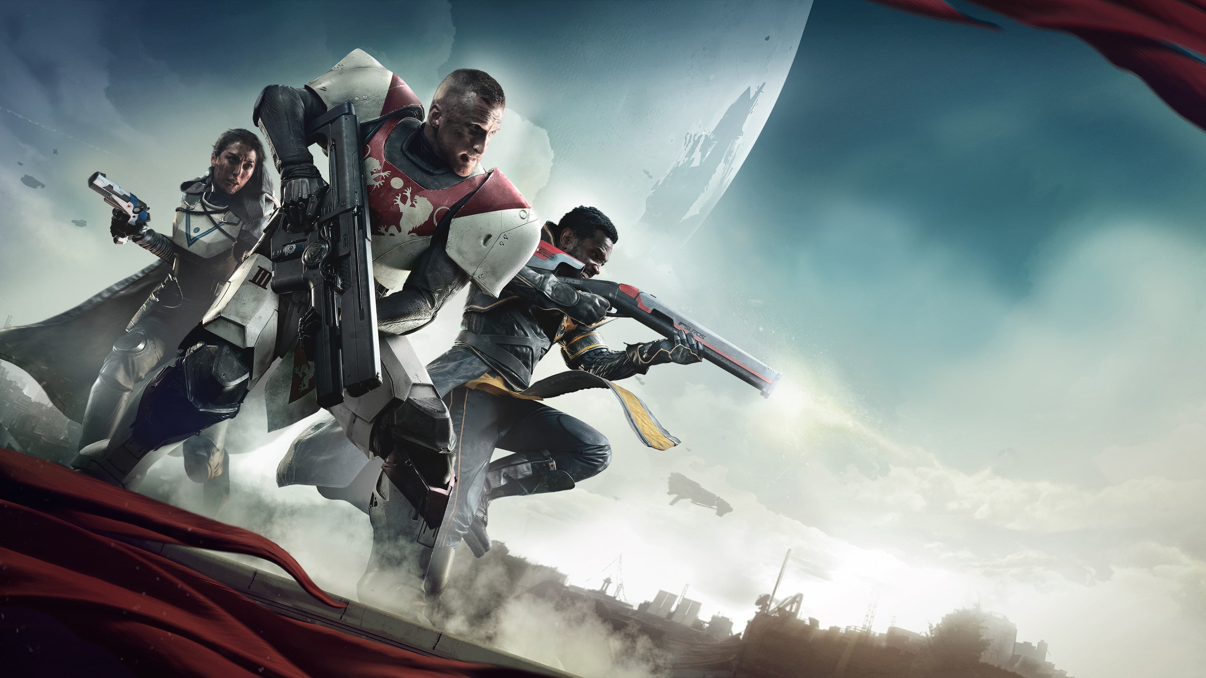 gun, adventure, men, snow, lifestyles, Destiny (video game), young men, Destiny 2 (video game), cloud - sky, mid-air, group, science fiction, HD Wallpaper