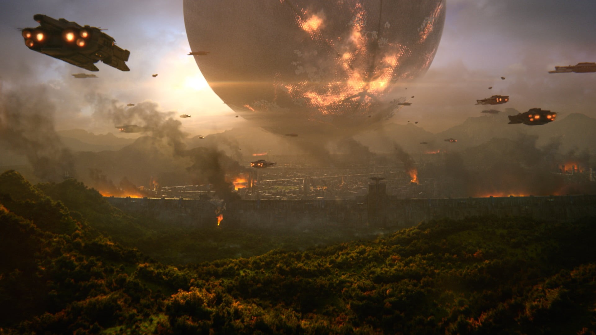 mid-air, war, digital, fantasy, illuminated, scenics - nature, flying, cloud - sky, night, spaceship, celebration, nature, sunset, video games, motion, HD Wallpaper