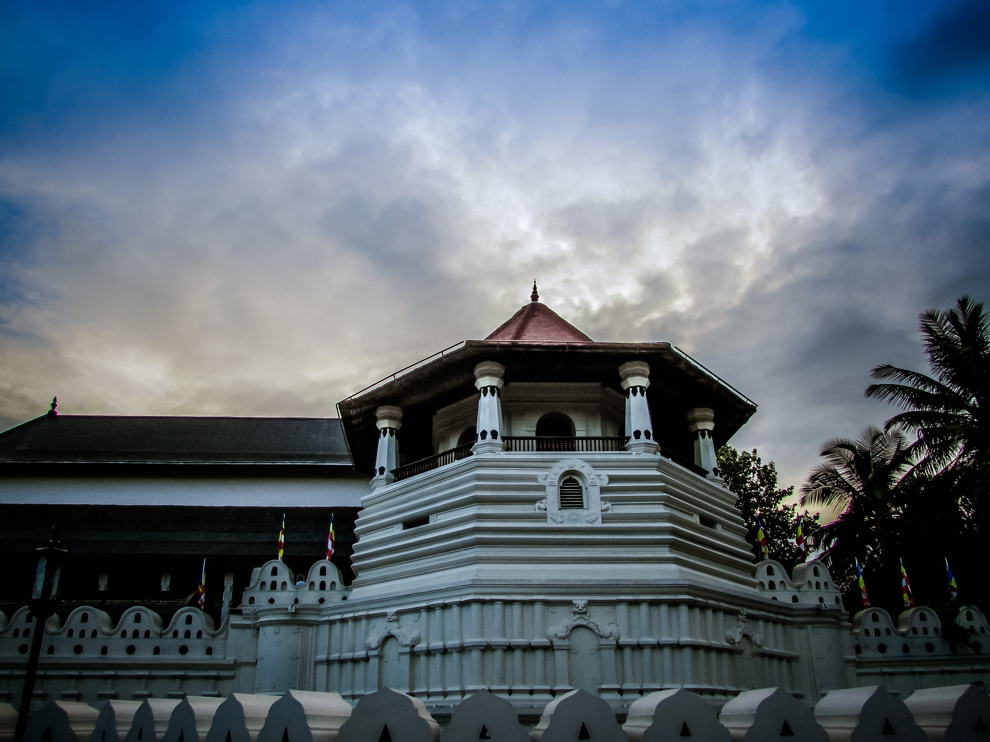 low angle view, building, architectural column, architecture, sky, 4K, Temple, facade, dusk, Sri Lanka, built structure, sunset, nature, Tooth Relic, no people, HD Wallpaper