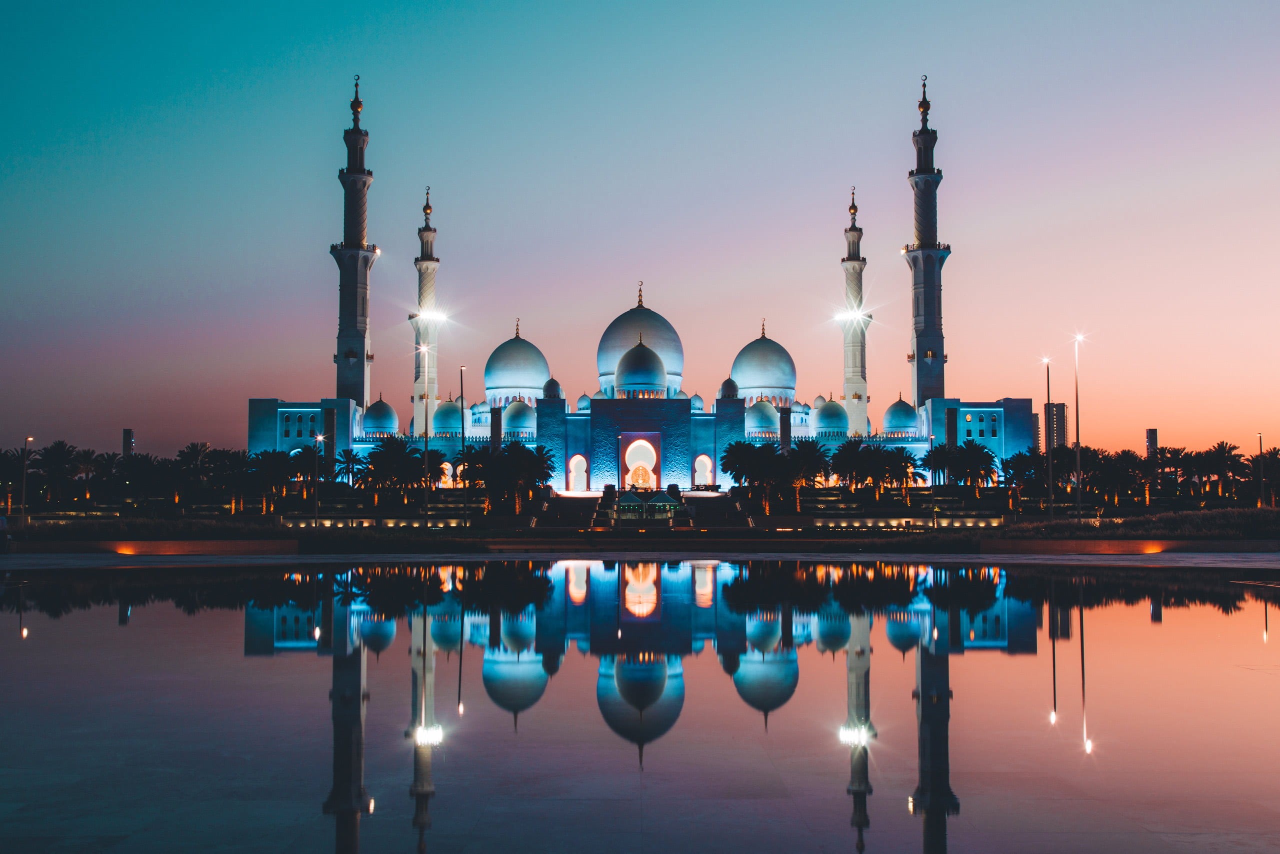 religion, abu dhabi, 2K, taj, belief, lake, place of worship, office building exterior, architecture, water, no people, skyscraper, waterfront, travel destinations, HD Wallpaper