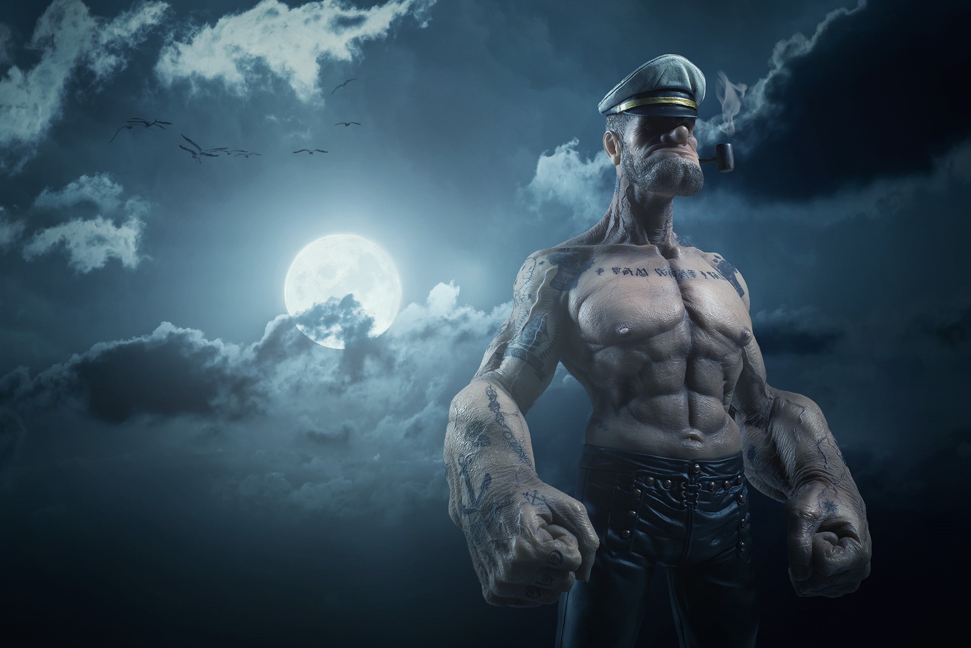 pipes, art, d, 3d, digital art, sailors, moon, 1080P, night, clouds, tattoo, digital, popeye, HD Wallpaper