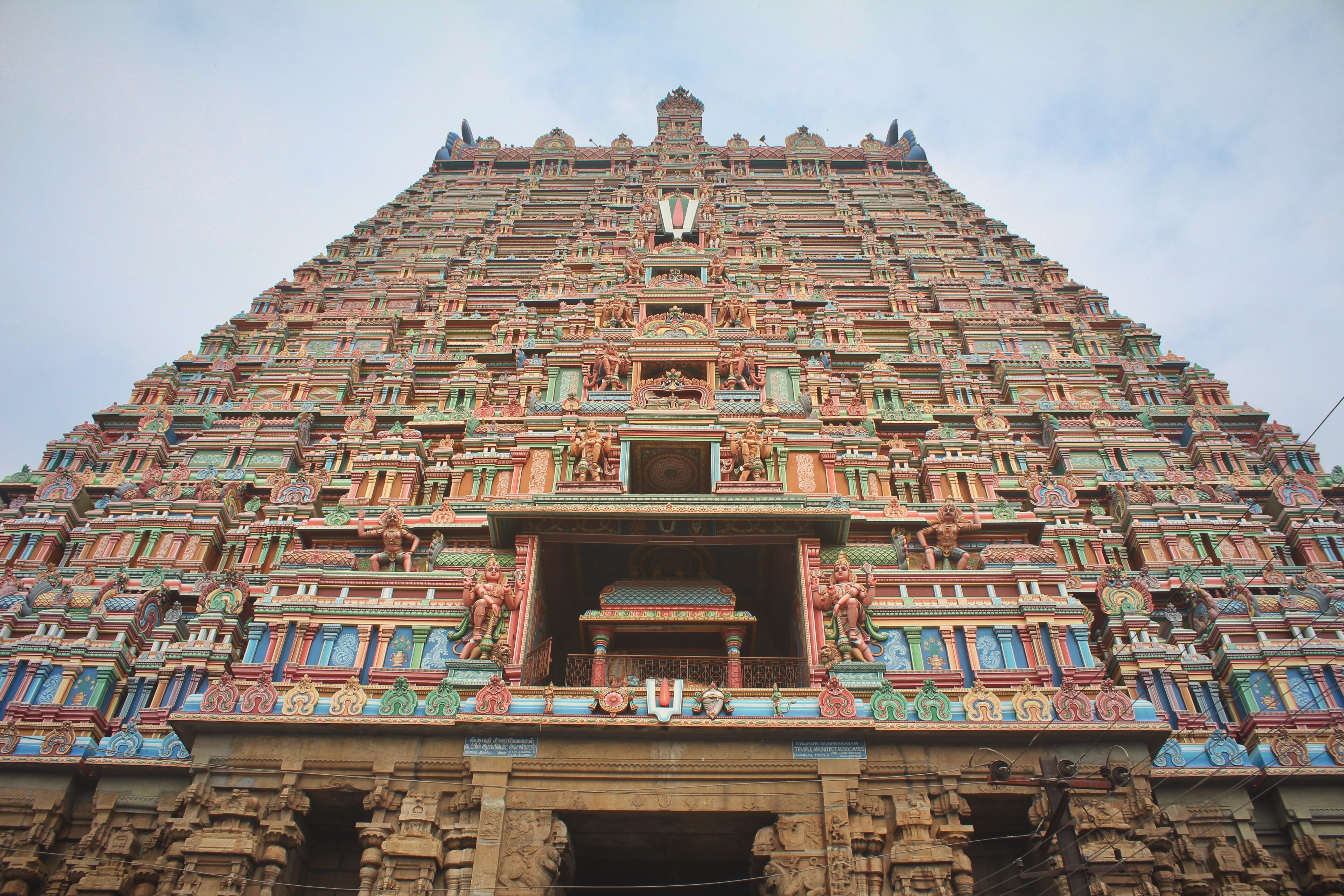 the past, travel destinations, temple, tamilnadu, building exterior, colors of india, ornate, indian temple, low angle view, india, creativity, hindu temple, HD Wallpaper