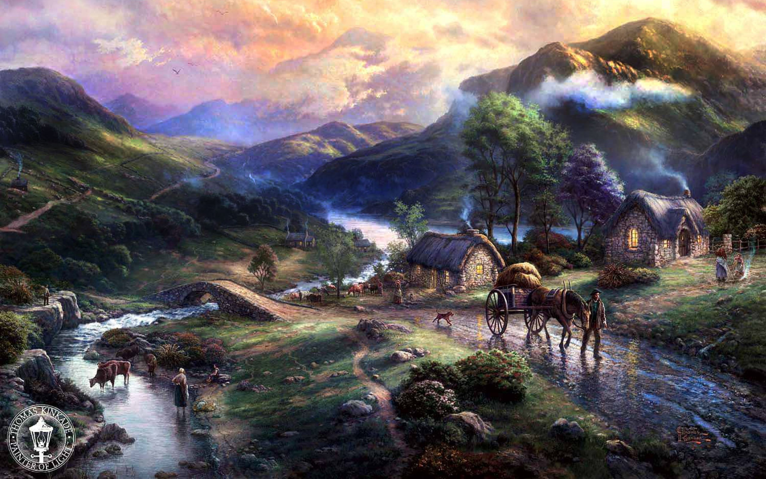 landscape, plant, animals, stream - flowing water, cultures, tranquility, mist, Thomas Kinkade, Emeraldvalley, domestic animals, non-Urban Scene, beauty In Nature, HD Wallpaper