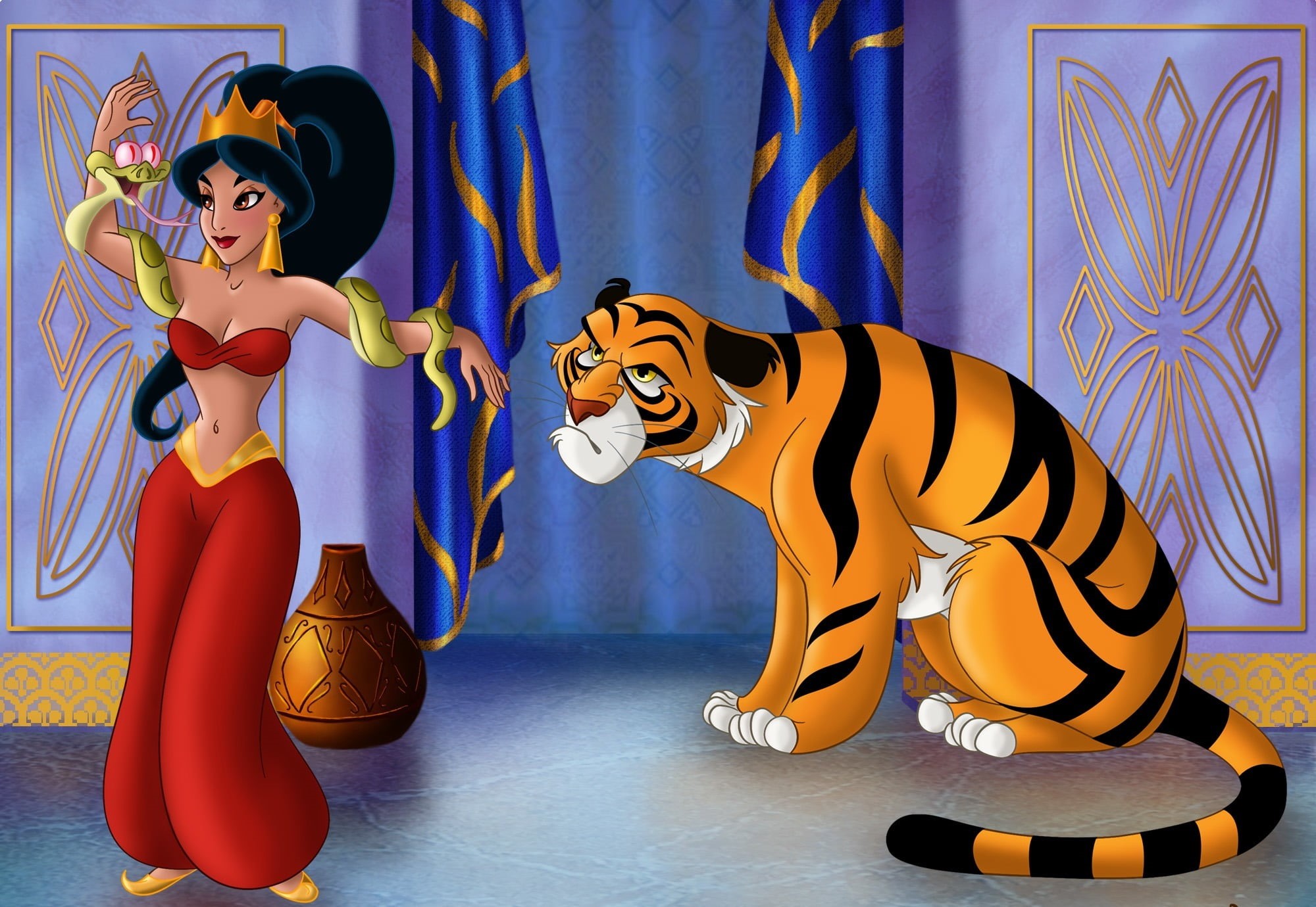 backgrounds, cartoon, full length, mammal, mouth open, Jasmine, animated film, striped, indoors, young women, Rajah, Walt Disney, portrait, young adult, HD Wallpaper