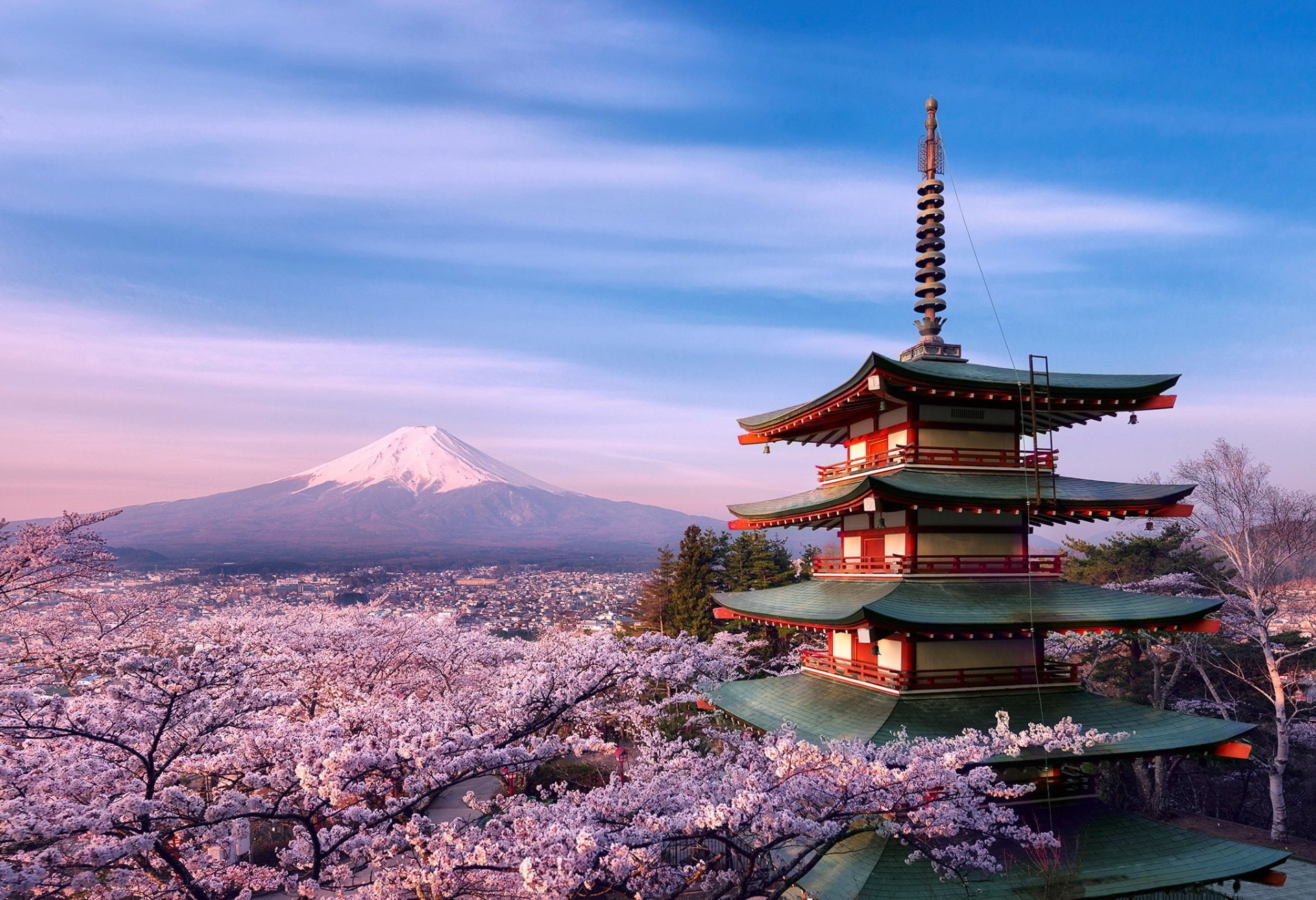 Mount Fuji, Pink, Sakura, Pagoda, Volcanoes, Earth, Light, Japan, Flower, 1080P, HD Wallpaper