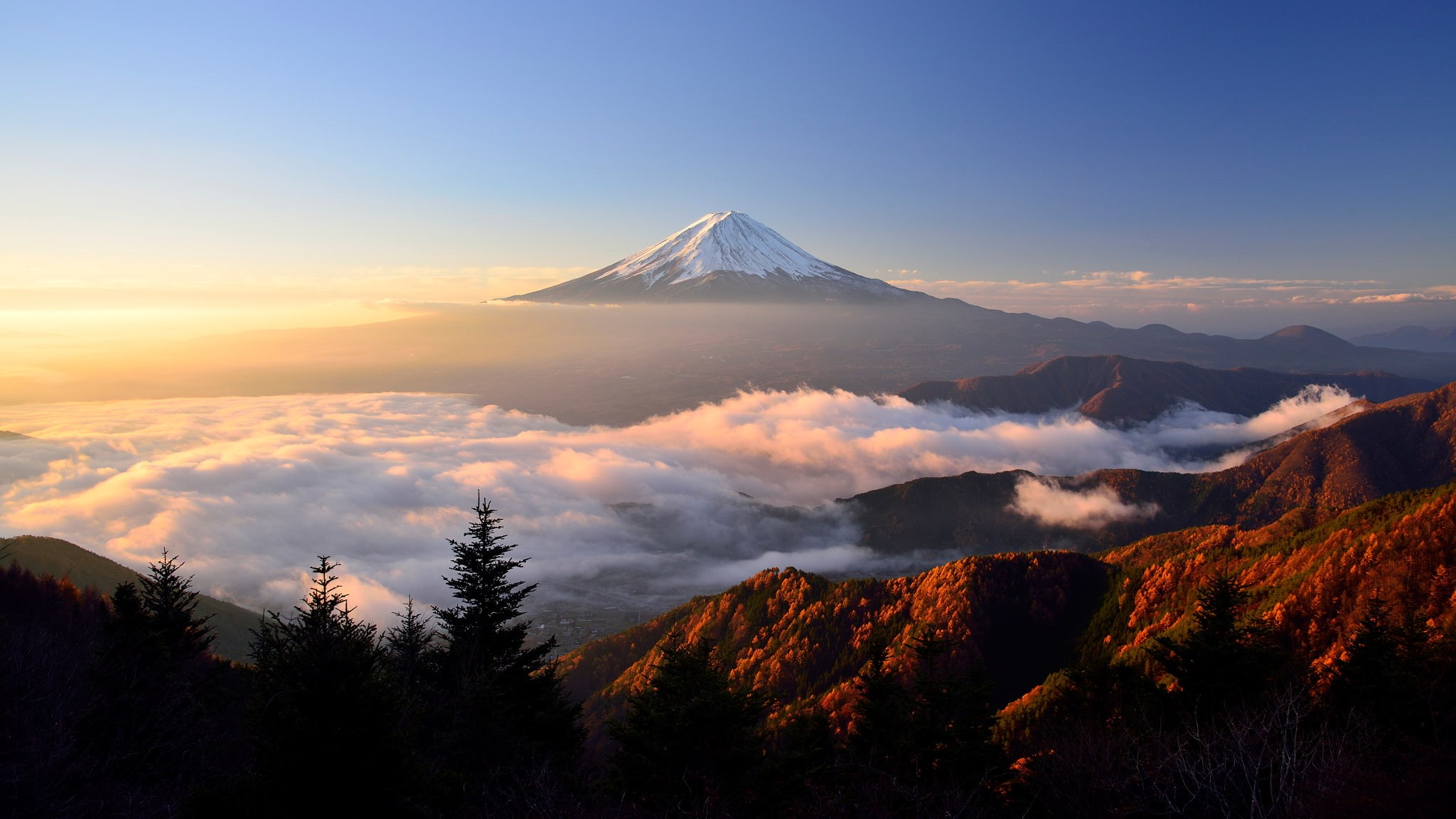 stratovolcano, Fuji, mountain, Japan, autumn, Mount Fuji, light, morning, 1080P, the island of Honshu, HD Wallpaper