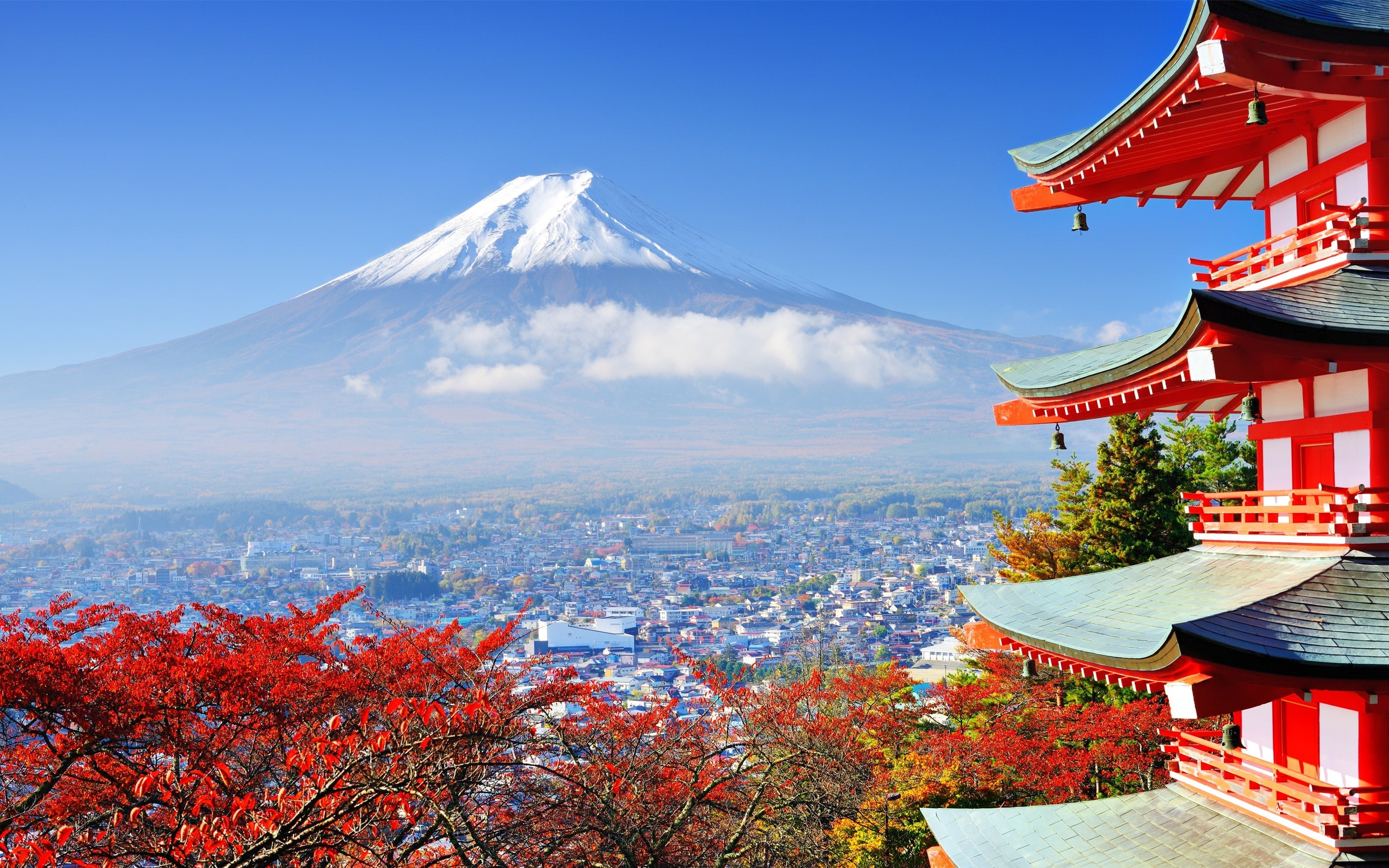 2K, Asian architecture, Japan, Mount Fuji, mountains, building, trees, nature, HD Wallpaper