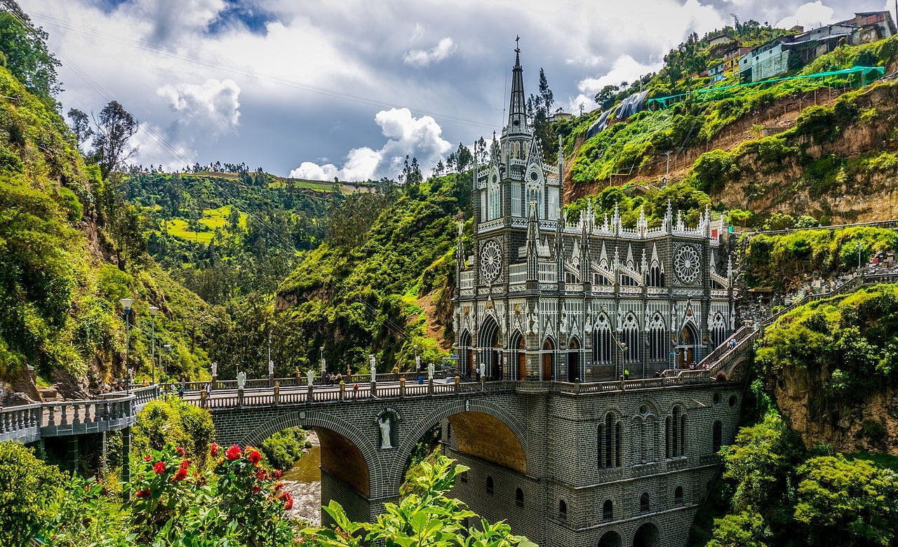sculpture, day, grey, bridge - man made structure, tower, bridge, church, connection, HDR, Las Lajas, mountains, trees, tree, house, cloud - sky, building exterior, HD Wallpaper