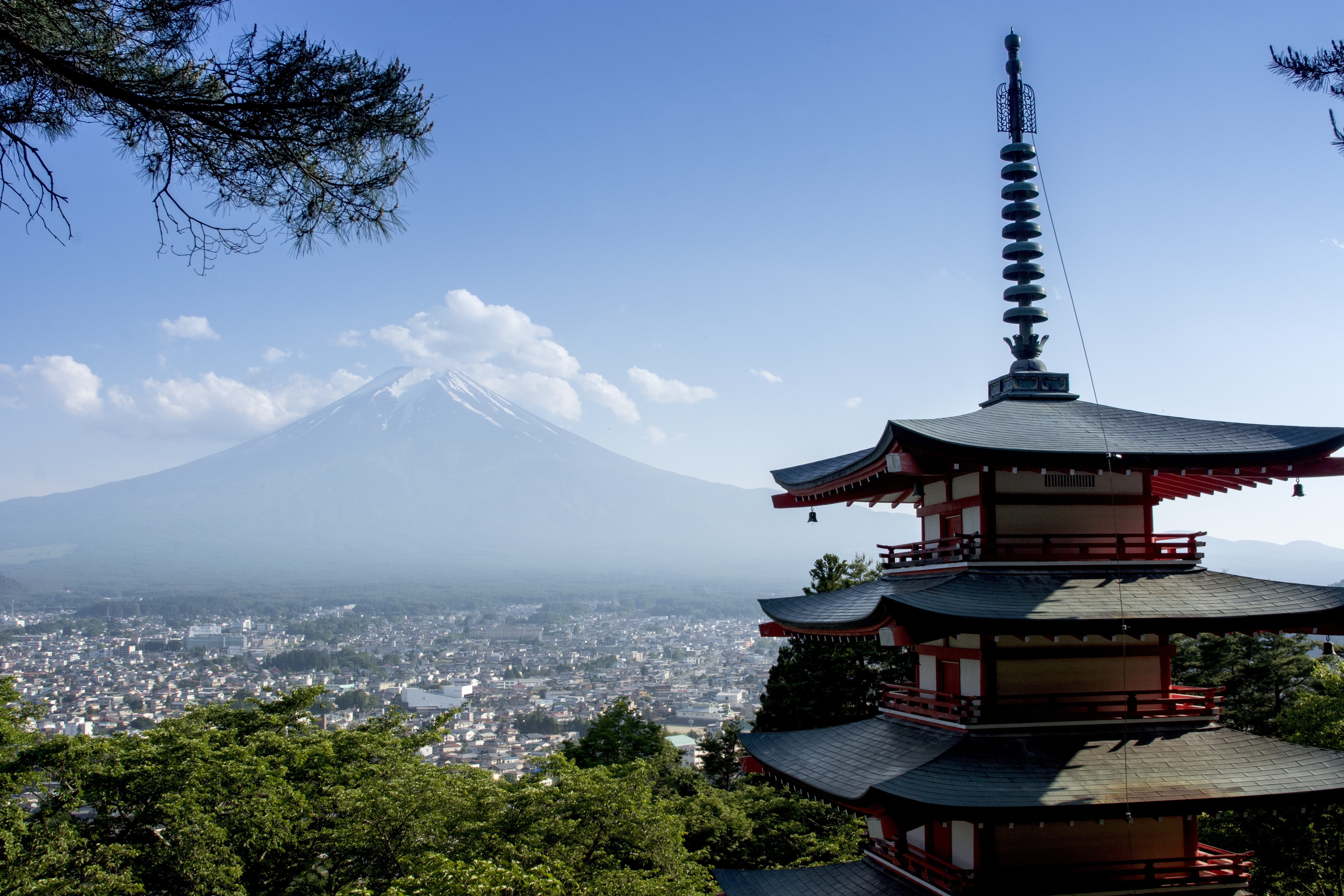 built Structure, tree, asia, 5K, building, day, place of worship, no people, daytime, buddhism, famous Place, mountain, Mount Fuji, city, zhong pagoda, HD Wallpaper