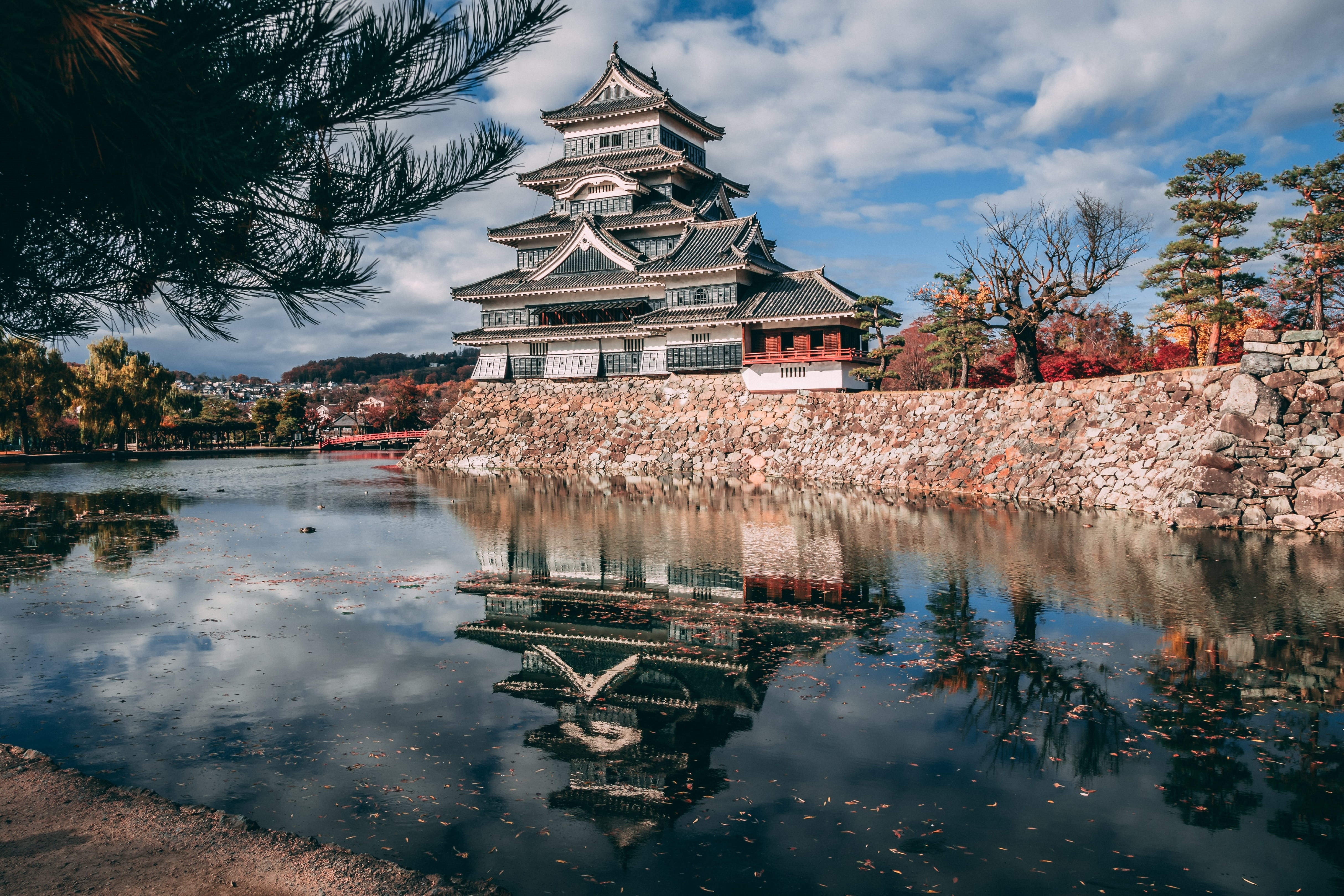 pagoda, waterfront, landscape, water, building, plant, shrine, 4K, belief, tourism, stones, lake, cloudy, place of worship, tower, religion, nature, environment, HD Wallpaper