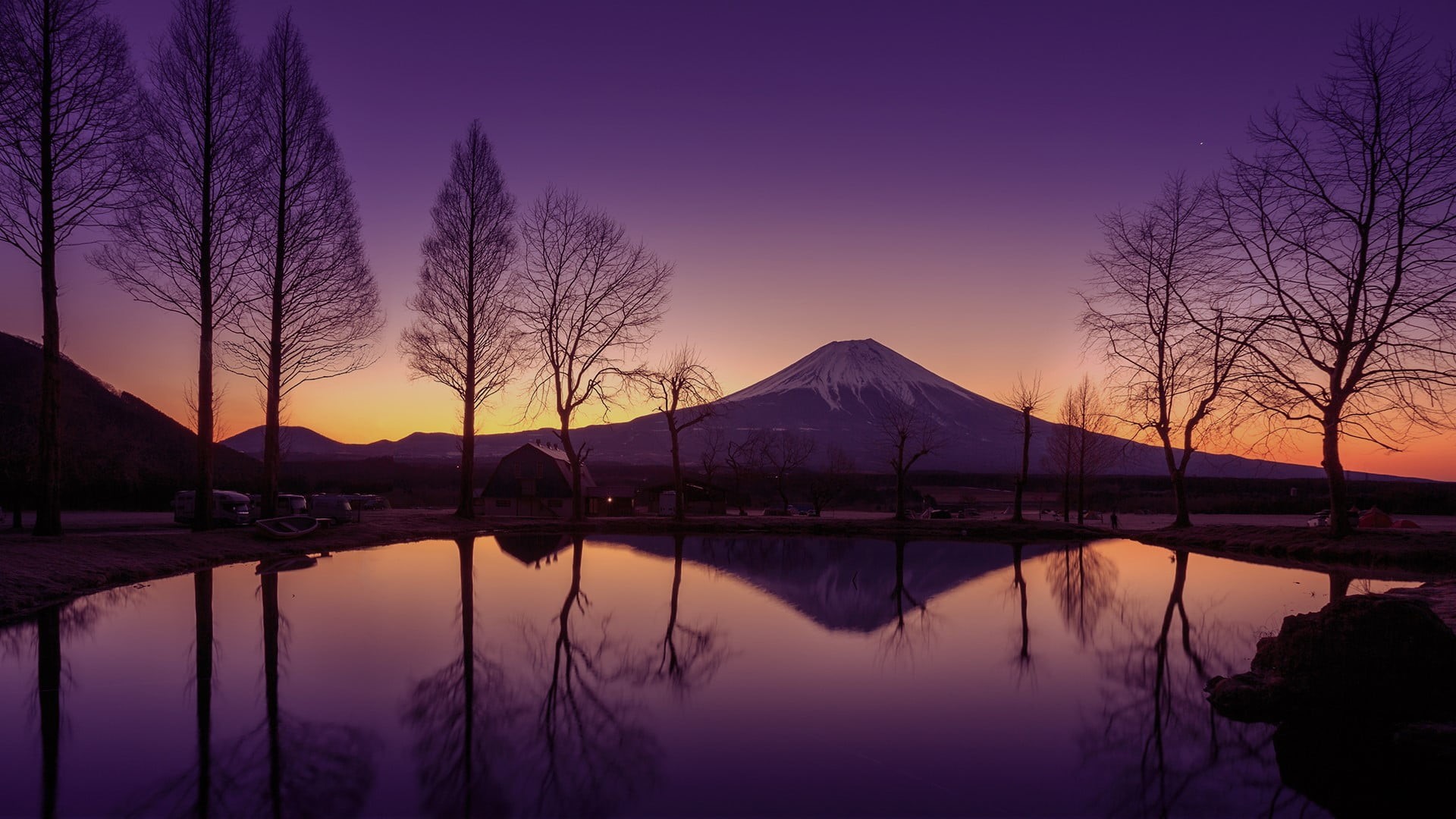 sky, snowy mountain, Japan, mountains, 1080P, night, stars, house, sunset, rocks, pond, landscape, car, reflection, nature, trees, Mount Fuji, HD Wallpaper
