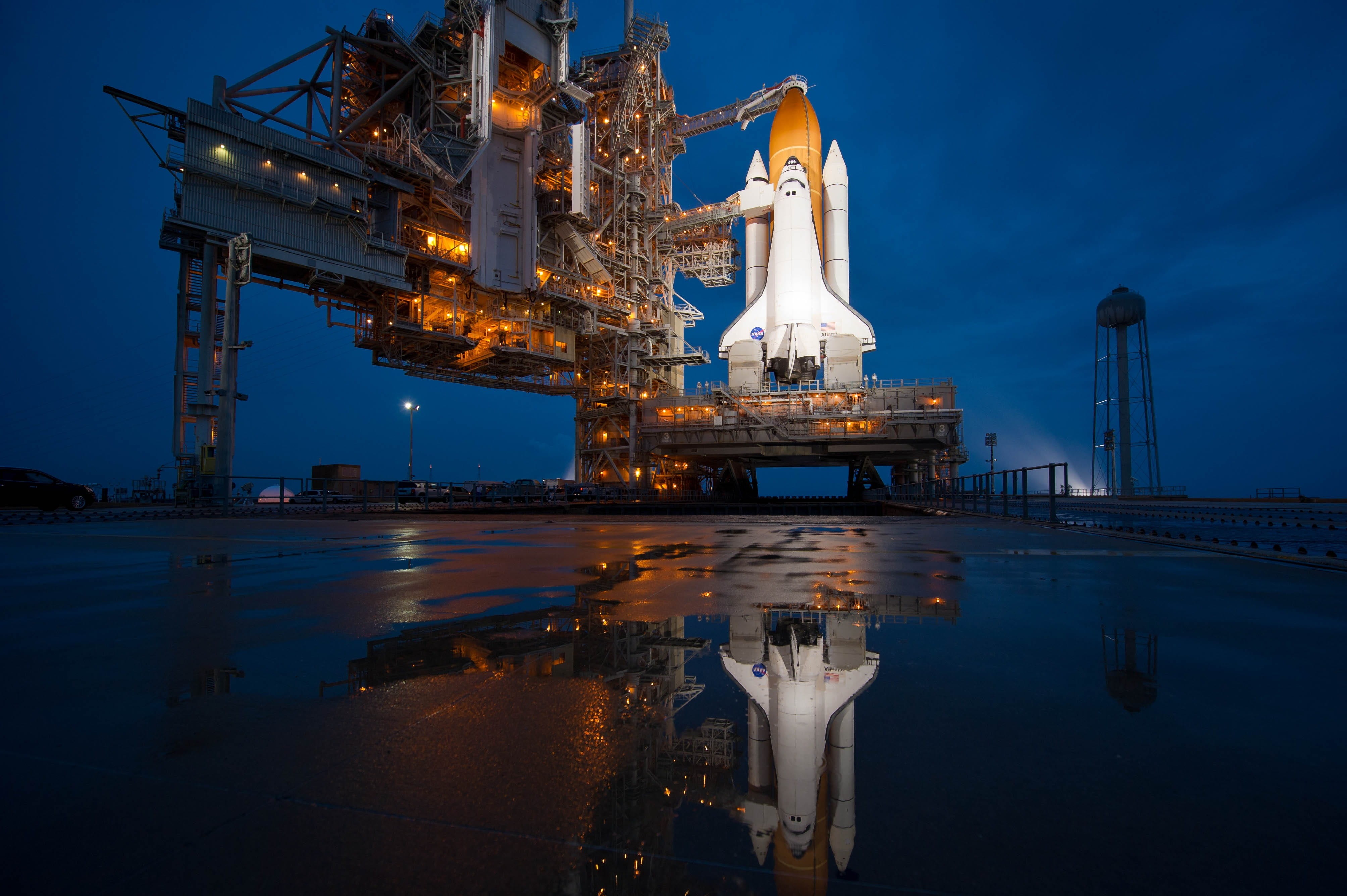 reflections, nature, illuminated, wet, industry, space, building exterior, space shuttle, outside, launch pad, waterfront, cape canaveral, evening, night, HD Wallpaper