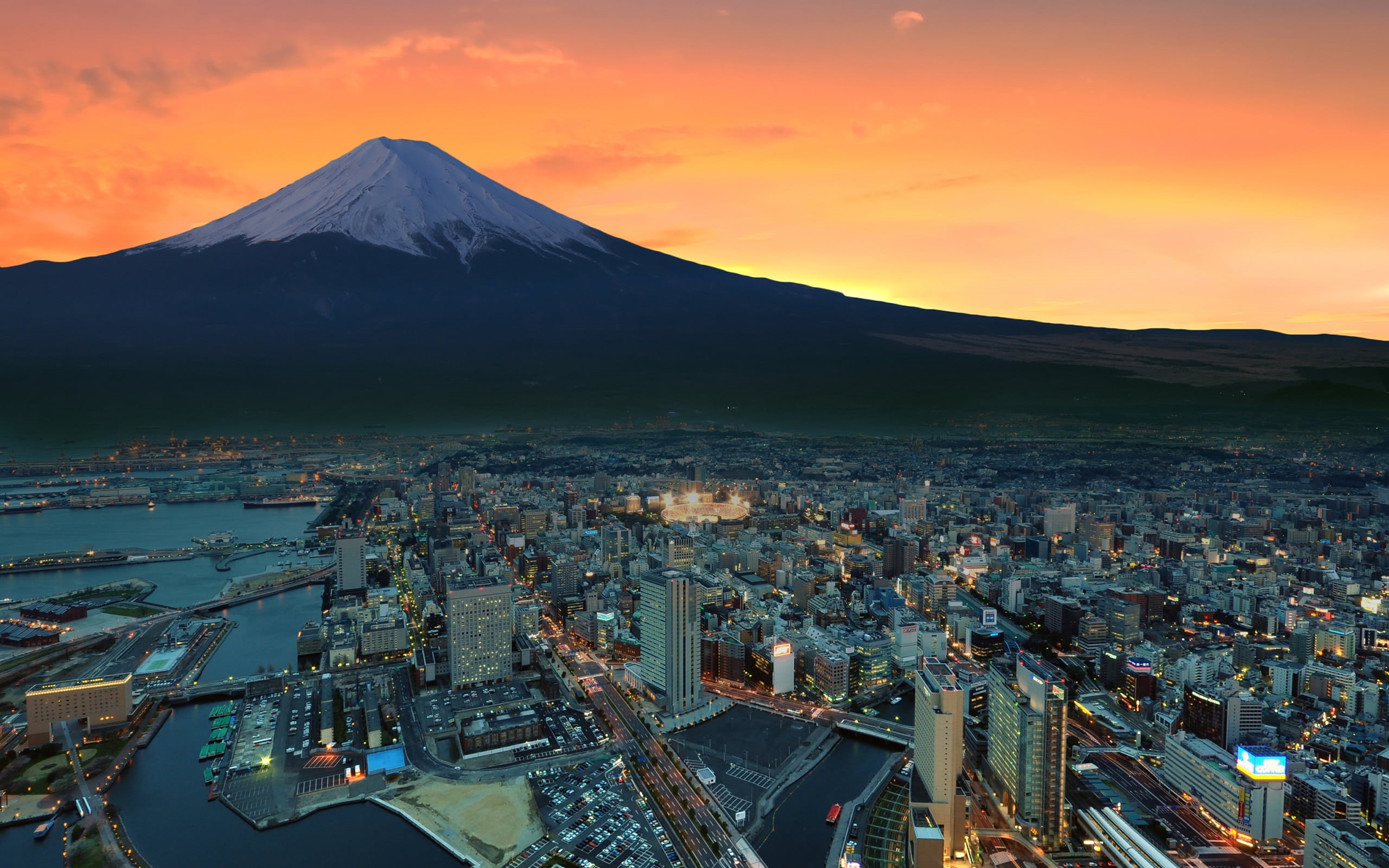 Mount Fuji, volcano, skyscraper, sunset, mountain, built structure, scenics - nature, scrapers, mountains, travel destinations, no people, Japan, HD Wallpaper