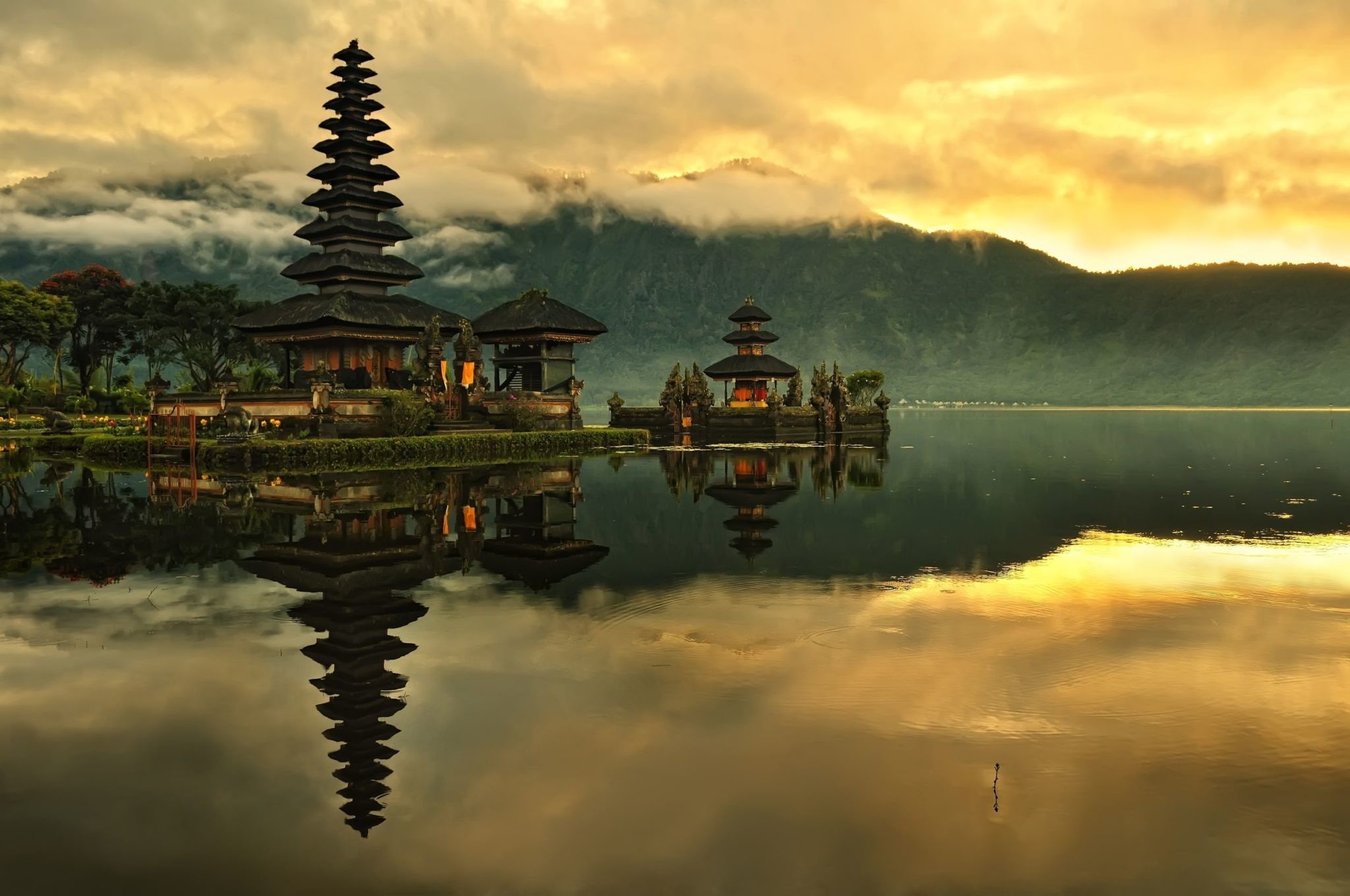 reflection, trees, sunrise, 1080P, Asian architecture, clouds, mountains, morning, Indonesia, nature, landscape, temple, lake, forest, water, mist, island, HD Wallpaper