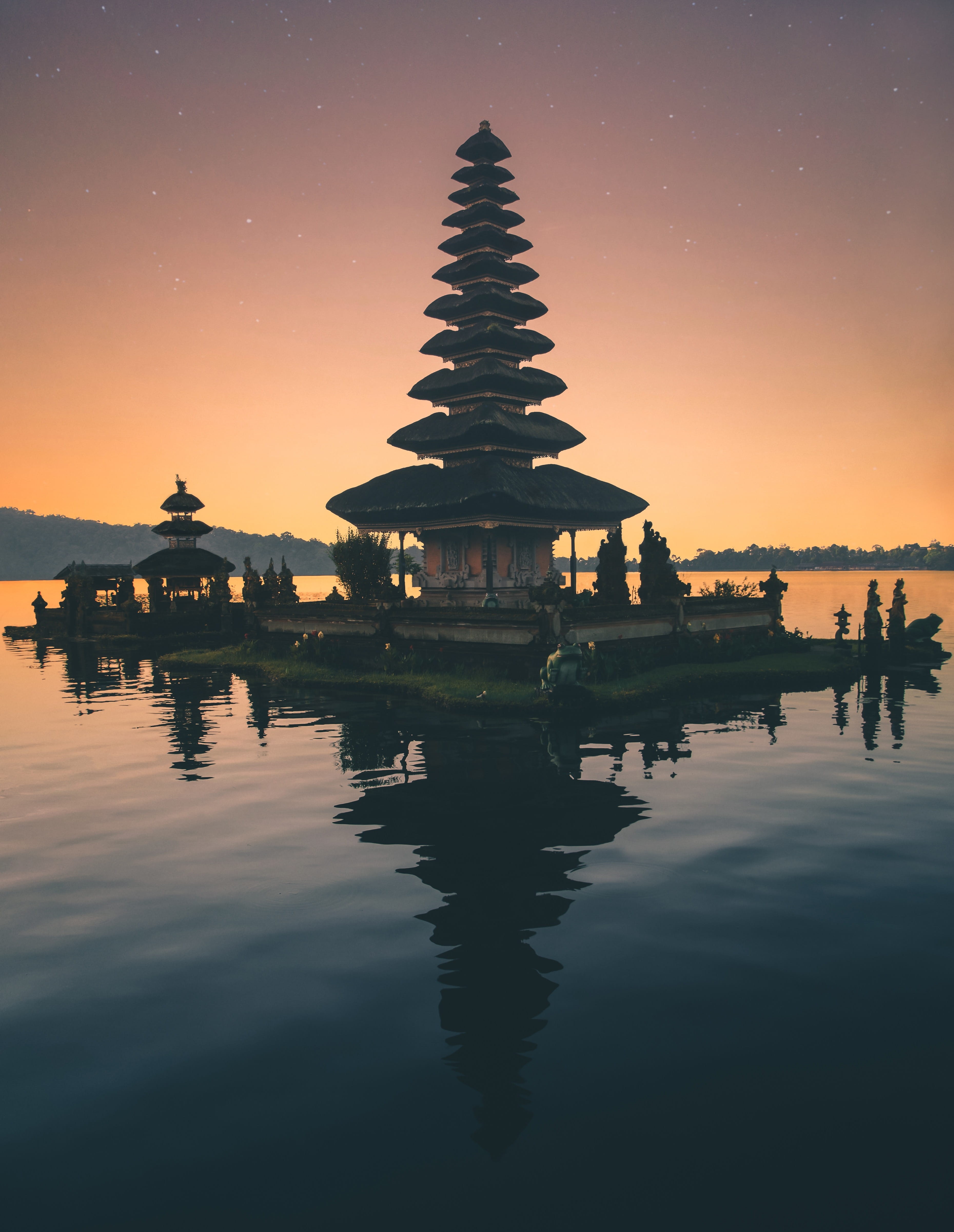 near, spirituality, indonesia, building, architecture, built structure, brown, building exterior, reflection, lake, sky, zen, 4K, meditation, sunset, waterfront, Phone HD Wallpaper