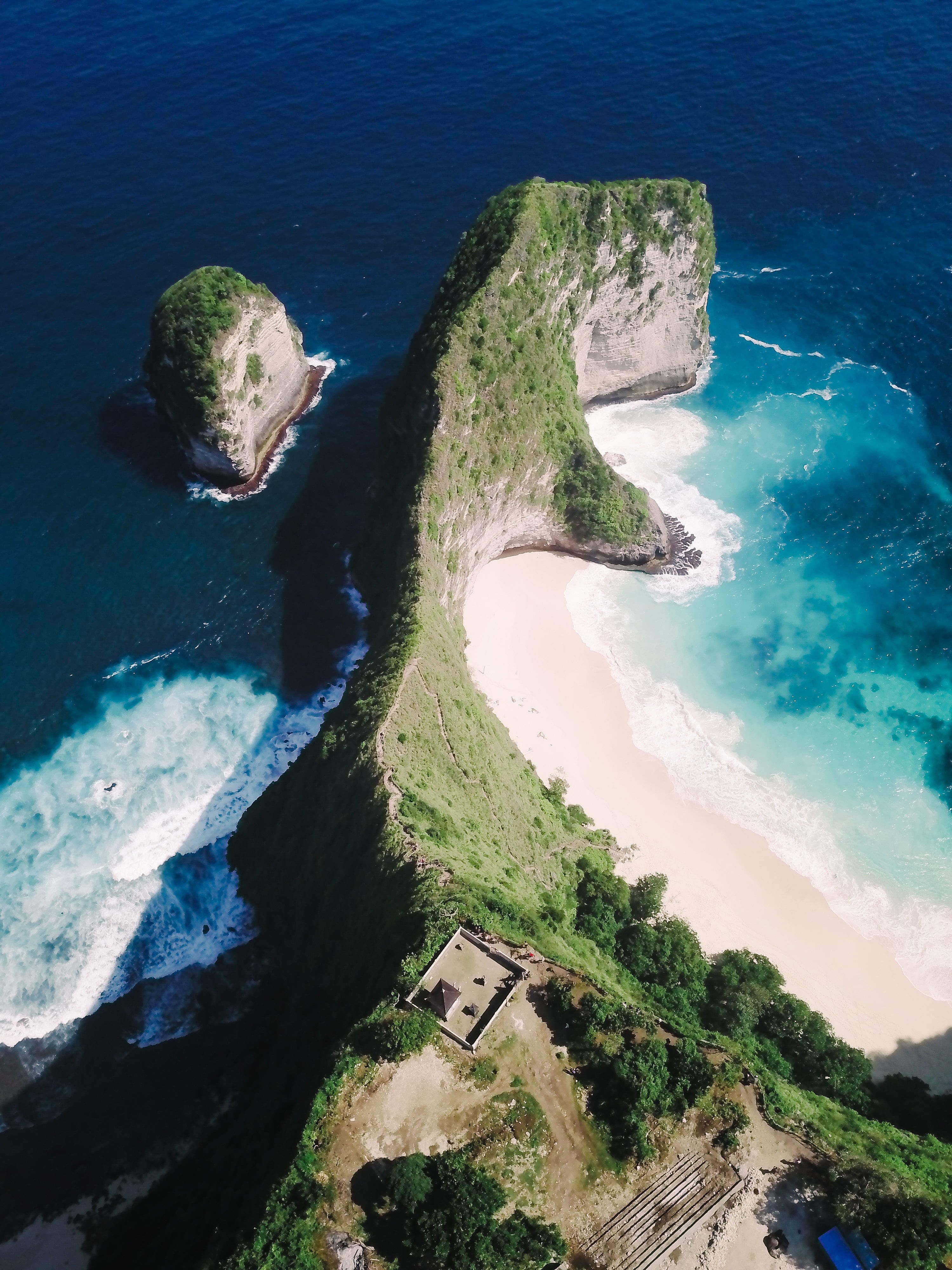 gown, aerial view, Indonesia, island, rock, land, beauty in nature, trees, women, rock - object, blue, house, sea, high angle view, coastline, beach, s, Phone HD Wallpaper