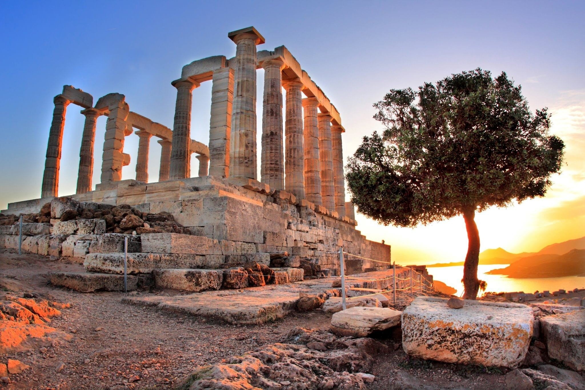archaeology, architecture, travel destinations, Trees, 1080P, damaged, day, nature, ancient civilization, ruined, plant, Ancient, building exterior, Temple of Poseidon, HD Wallpaper