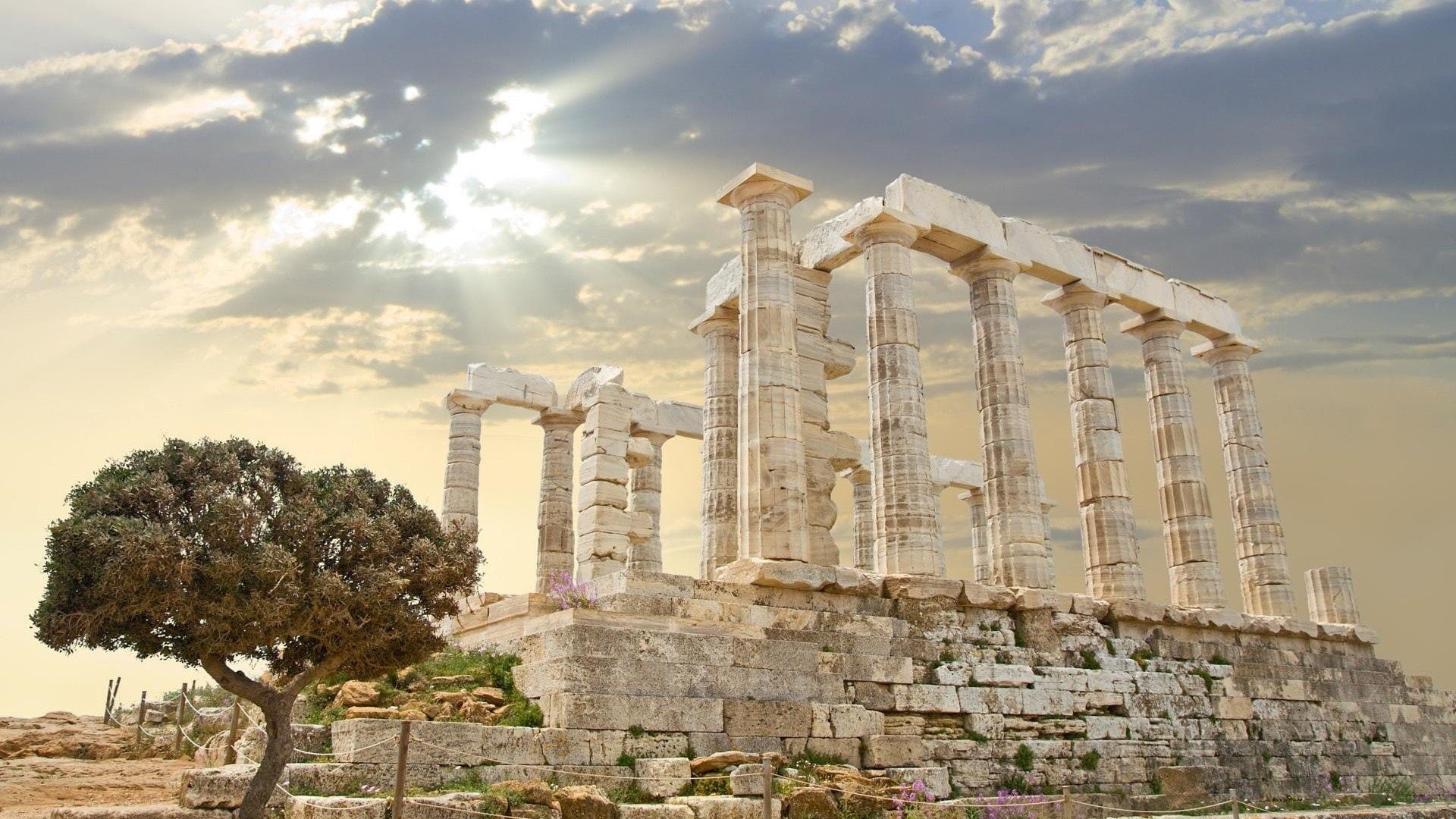 history, travel, building exterior, no people, day, nature, plant, place of worship, built structure, 1080P, religion, cloud - sky, greece temple of poseidon temple of zeus ancient athens ruin pillar stone sun rays, HD Wallpaper