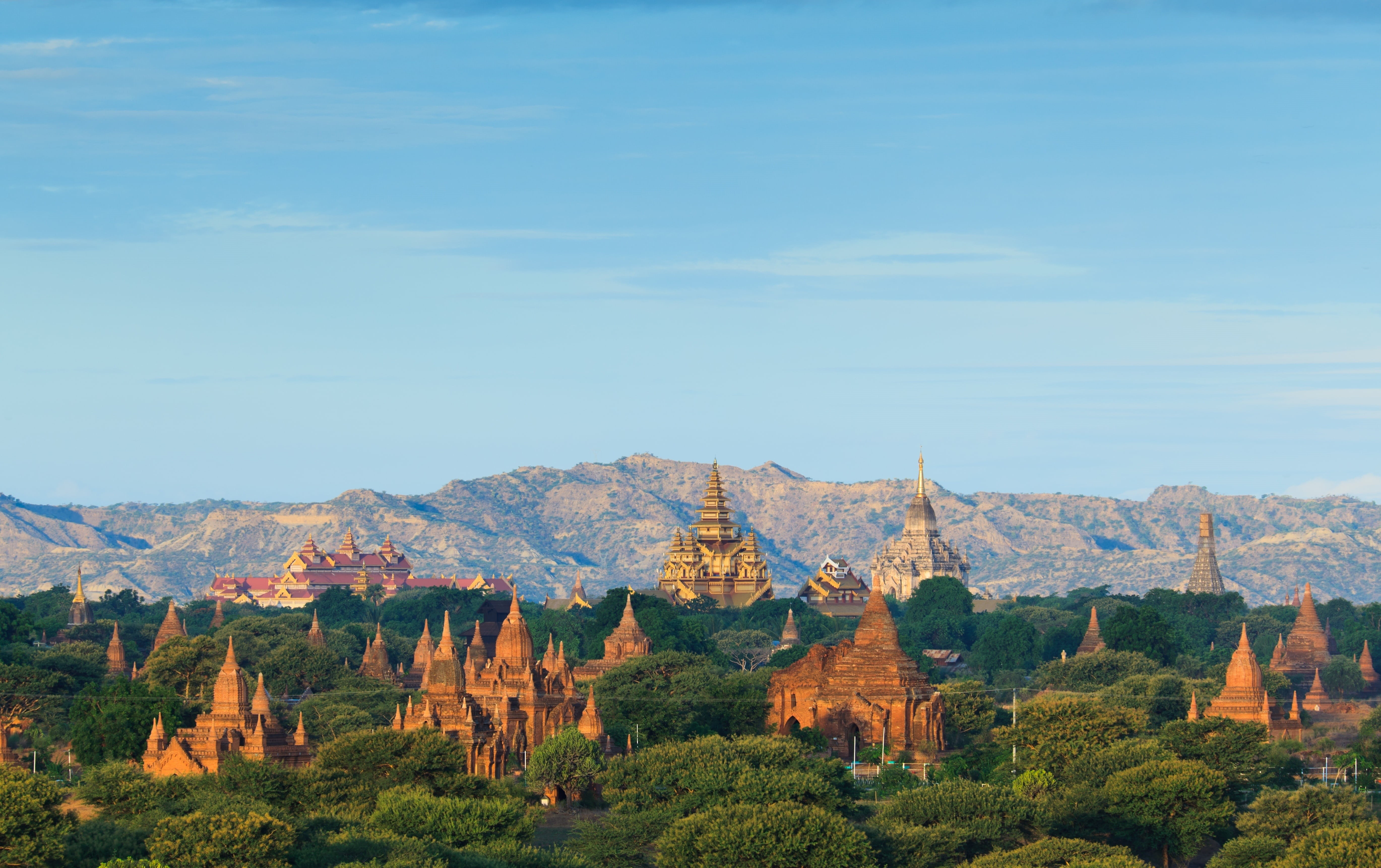 brown, aerial, travel, mountain range, panorama, building, temple minyeingon, outdoors, sunset, plant, travel destinations, sky, archaeological area, ancient civilization, HD Wallpaper
