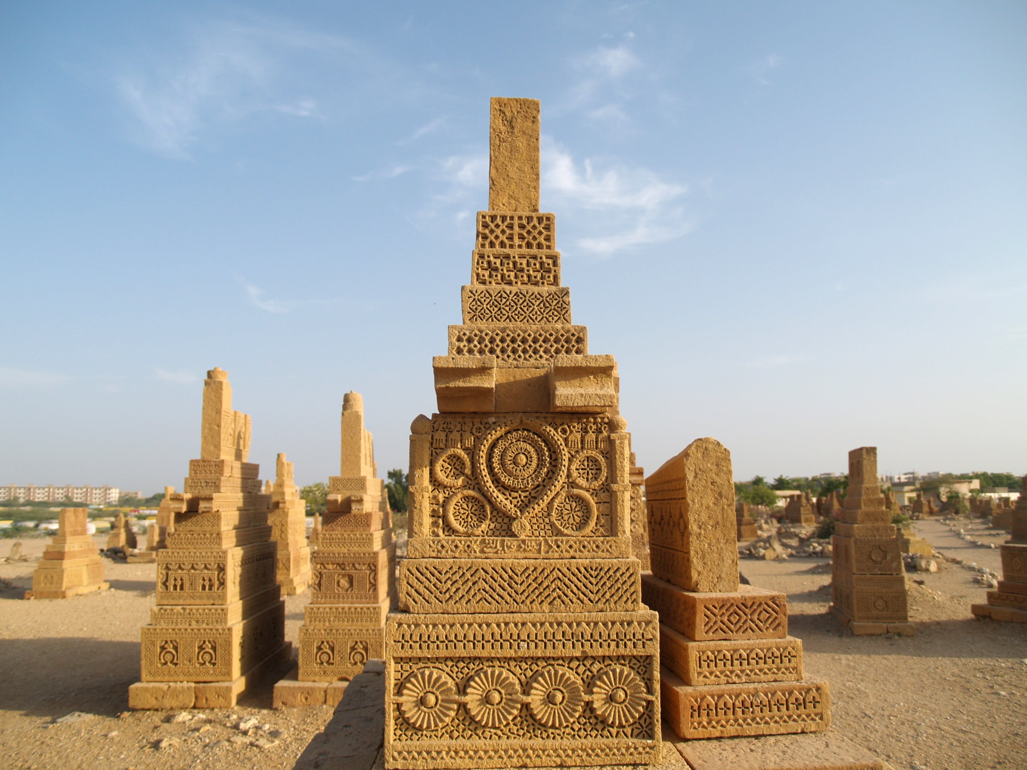 city, landmark, sky, ancient civilization, sunlight, the past, building, place of worship, history, famous Place, nature, Chaukundi Tombs, Karachi, public domain, HD Wallpaper