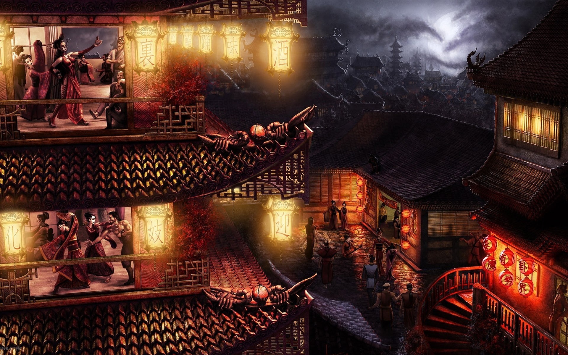 artwork, 1080P, Asian architecture, building, Asian, digital art, China, Asia, city, HD Wallpaper