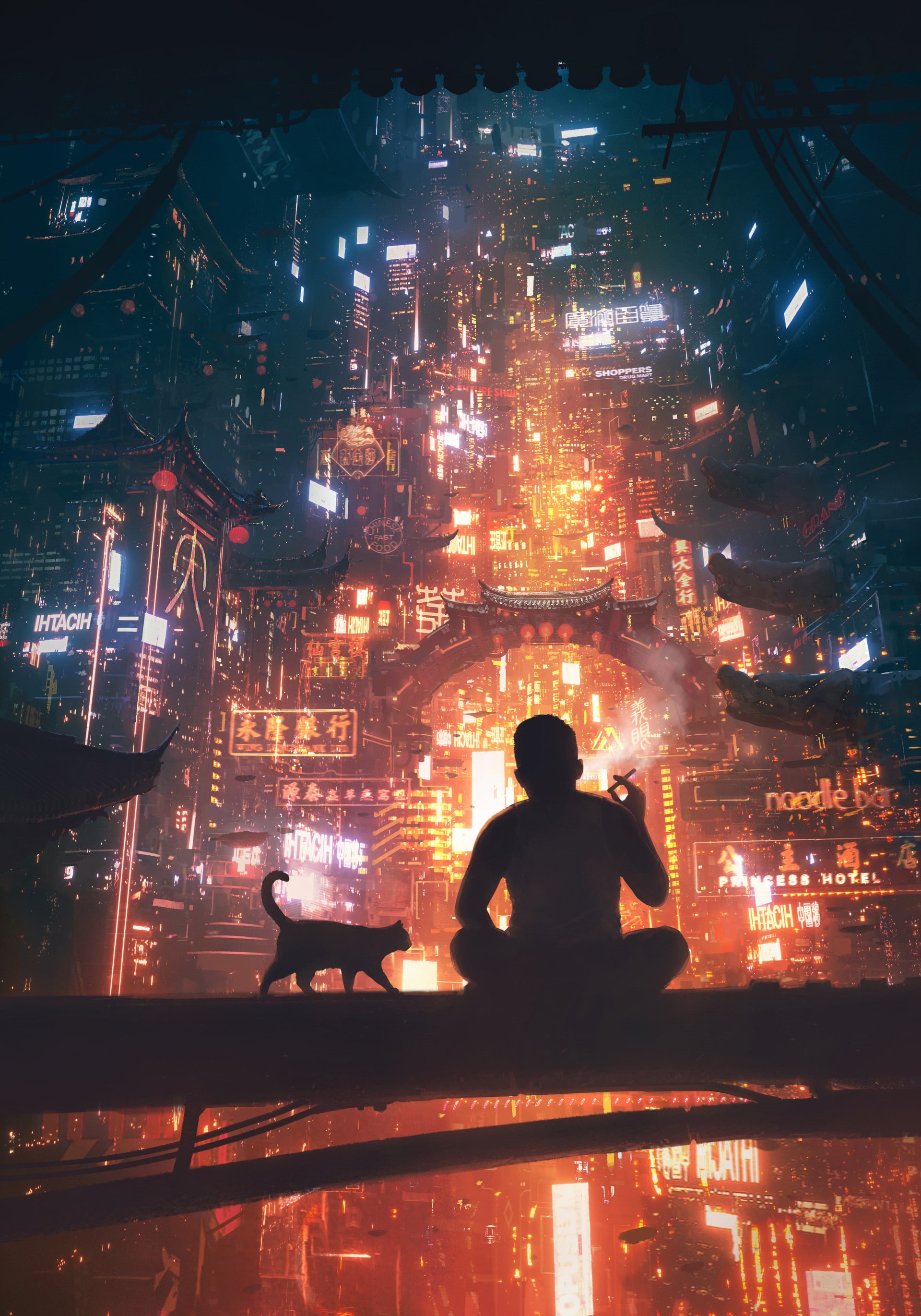 daniel liang, China, cyberpunk, Asian Architecture, cat, cigarettes, city, 2K, Phone HD Wallpaper