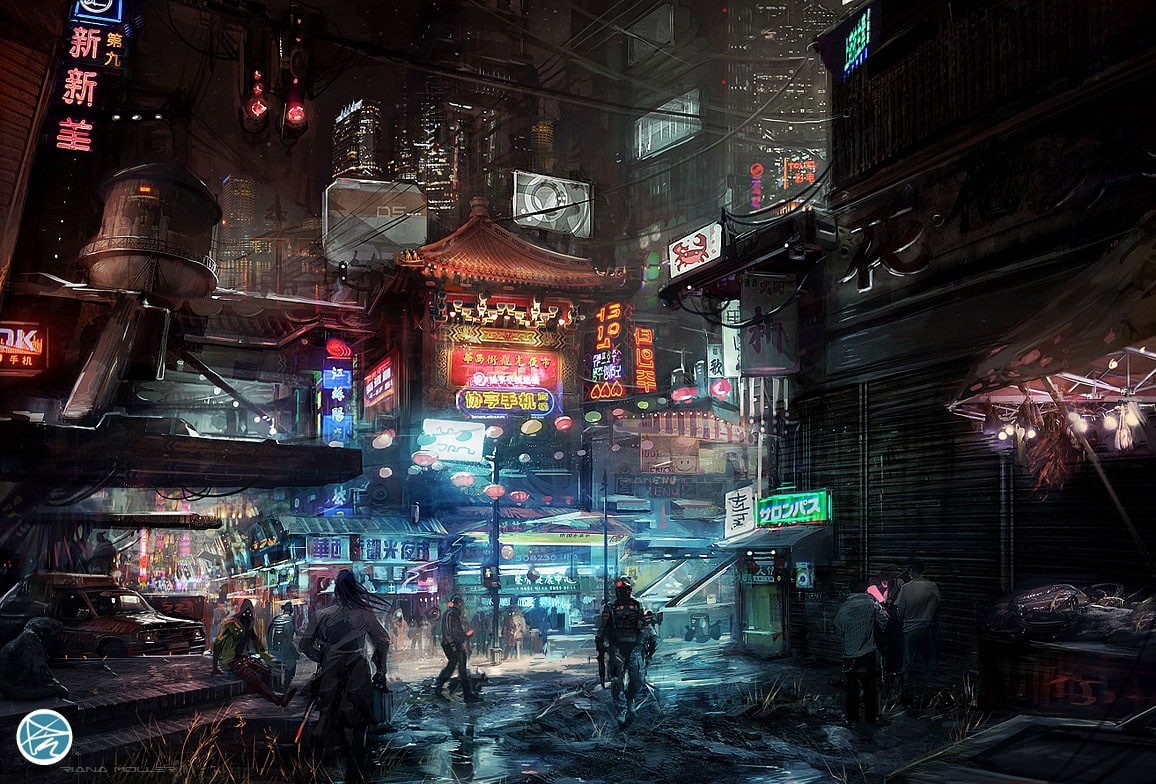 signs, city, cyberpunk, Asian Architecture, Futuristic, digital art, 480P, science fiction, HD Wallpaper