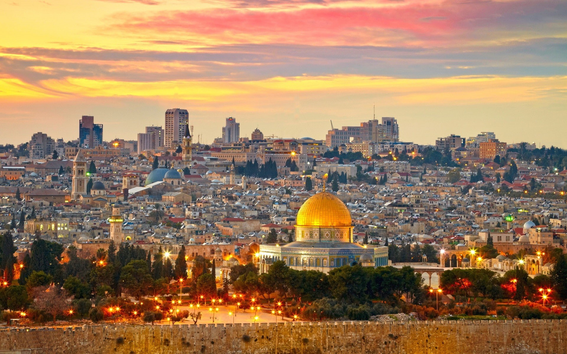 Dome of the Rock, Western Wall, city, Middle East, sunset, Jerusalem, 1080P, Cityscape, Palestine, HD Wallpaper