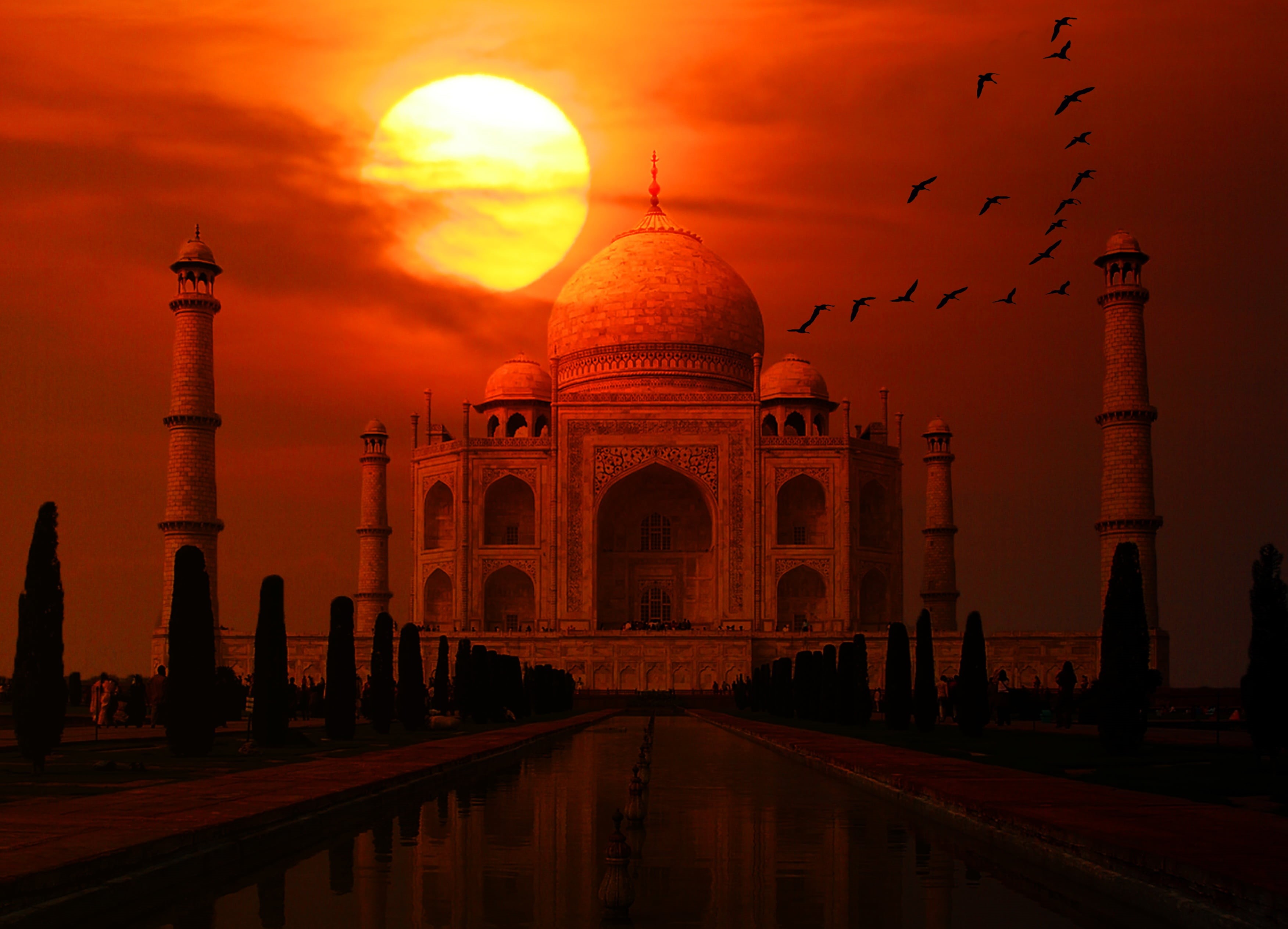 outdoors, symbol, marble, taj mahal, art, sky, landmark, white, history, shah, religion, landscape, built structure, 2K, shrine, monument, bird, tower, HD Wallpaper